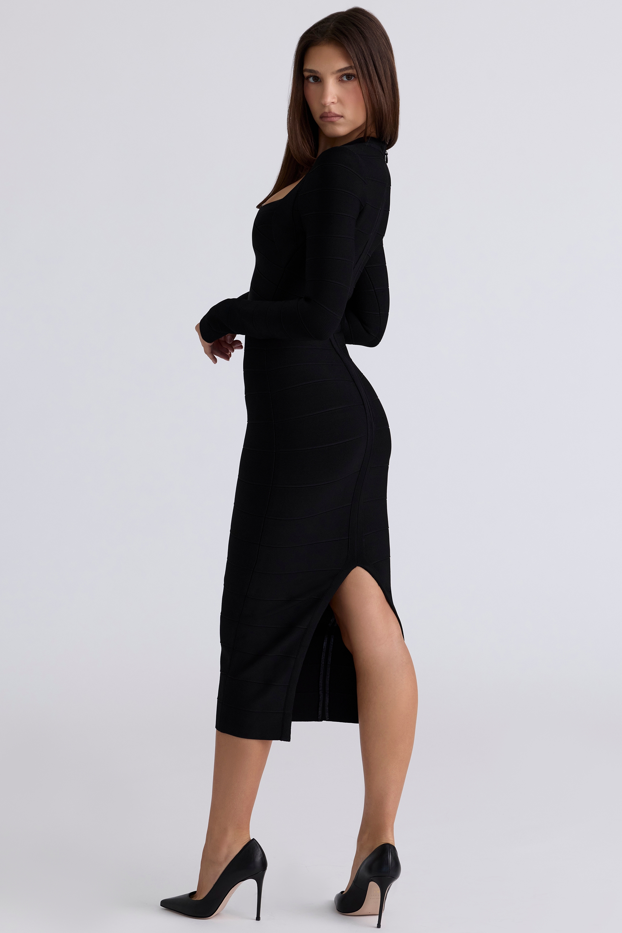 The Naomi-Black Long Sleeve Stretch Bandage Midi Dress