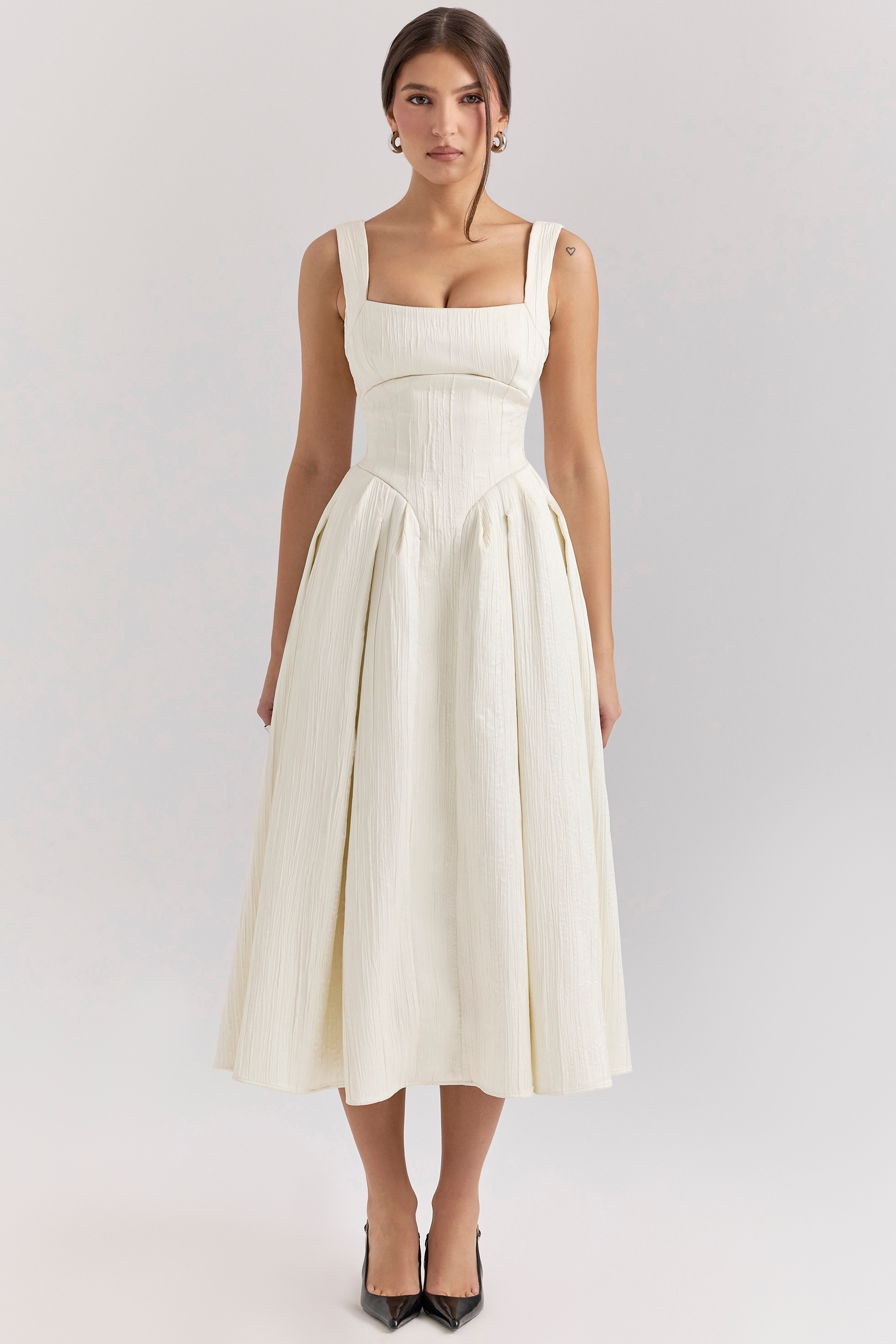 Isabeau-Ivory Textured Satin Corset Midi Dress