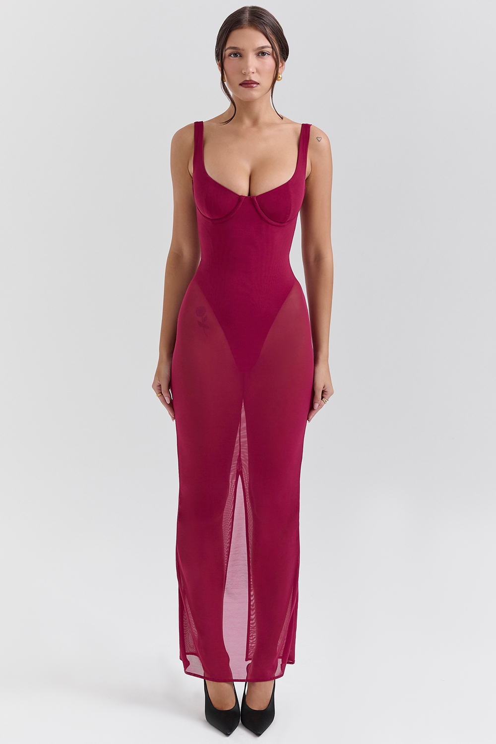 Robina-Wine Stretch Mesh Maxi Dress