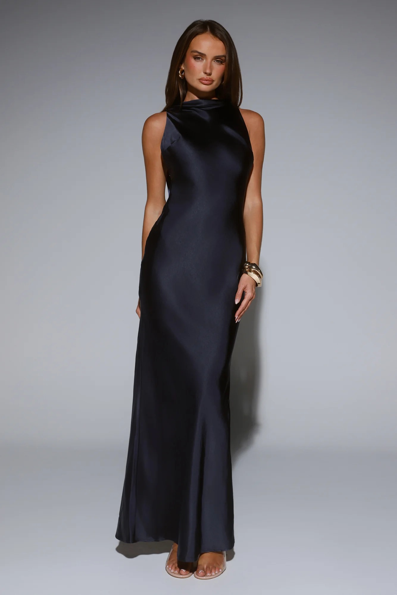 Silken Solstice Satin Maxi Dress Navy