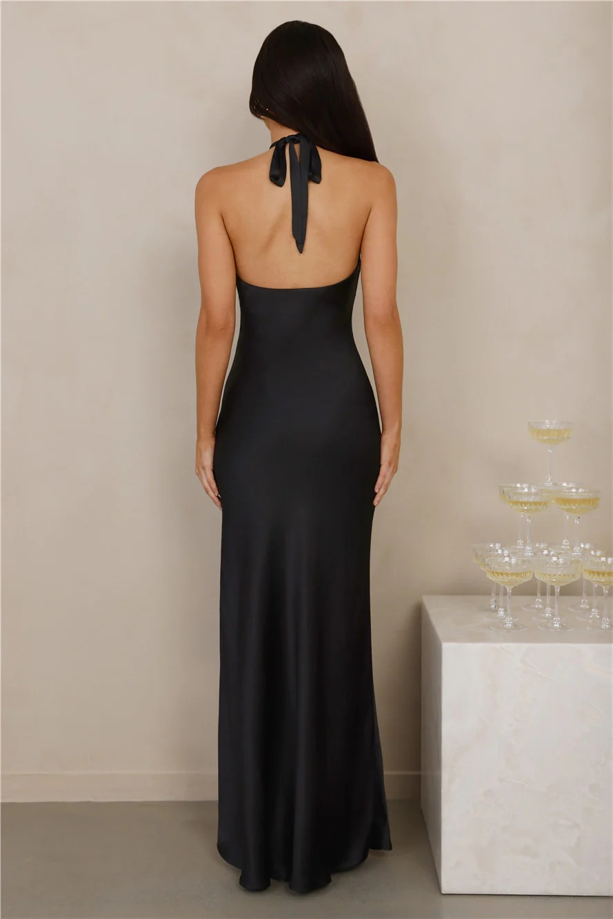 The Delilah Satin Halter Maxi Dress Black