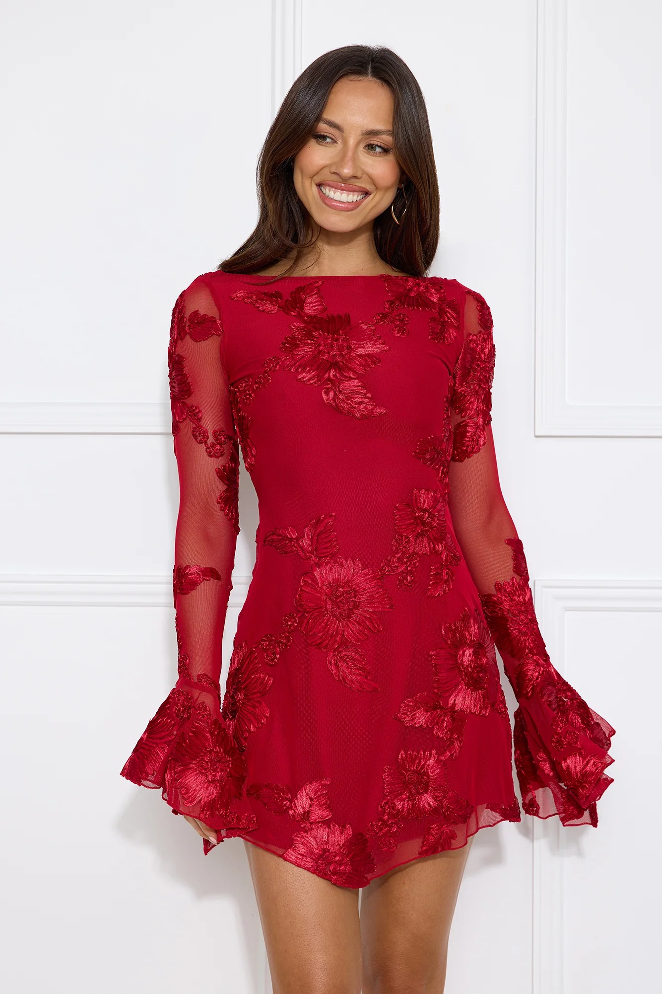 Bright Breezy Long Sleeve Mesh Mini Dress Red