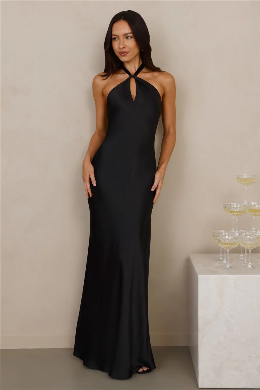 The Delilah Satin Halter Maxi Dress Black