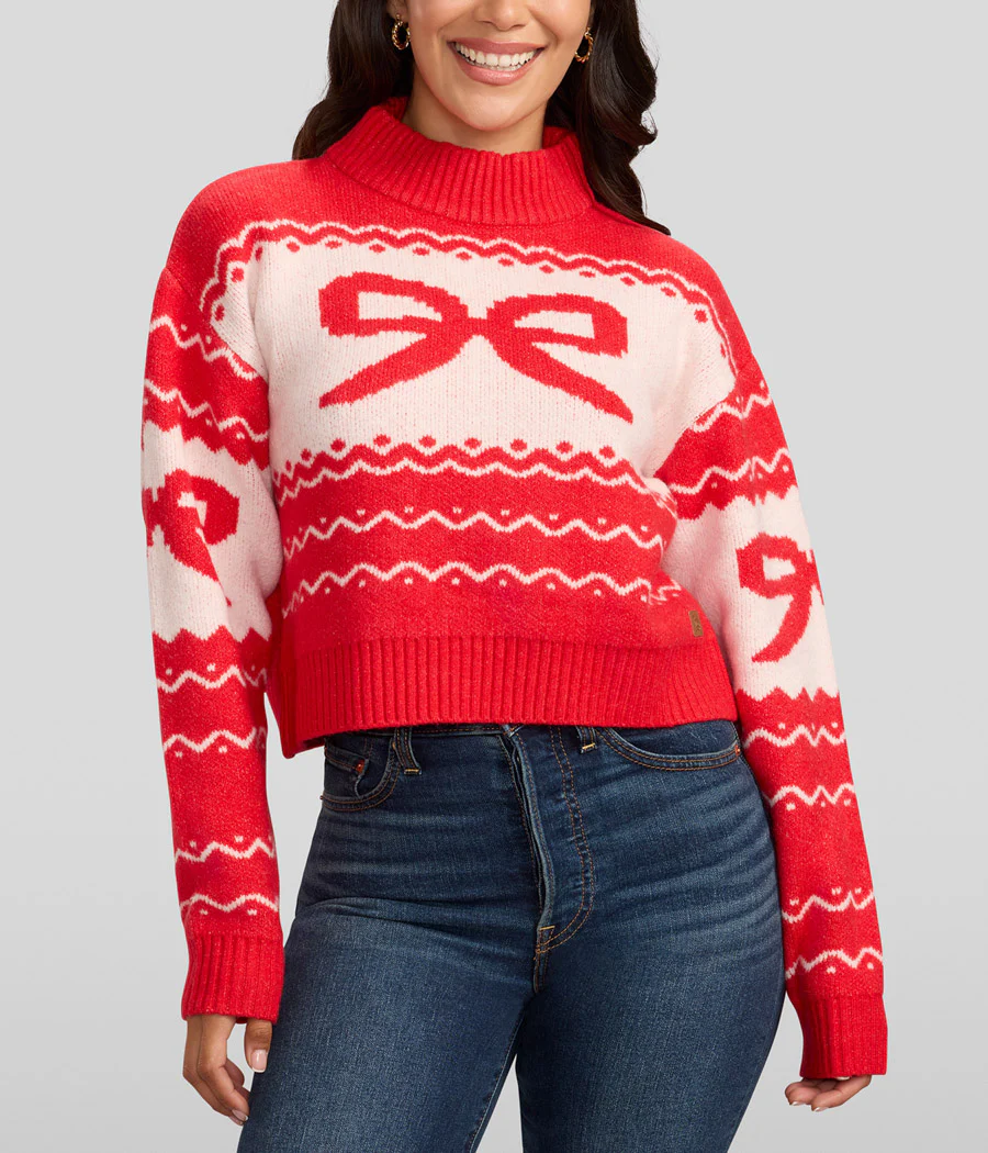 Women's Cozy Knit Bow Cropped Christmas Sweater