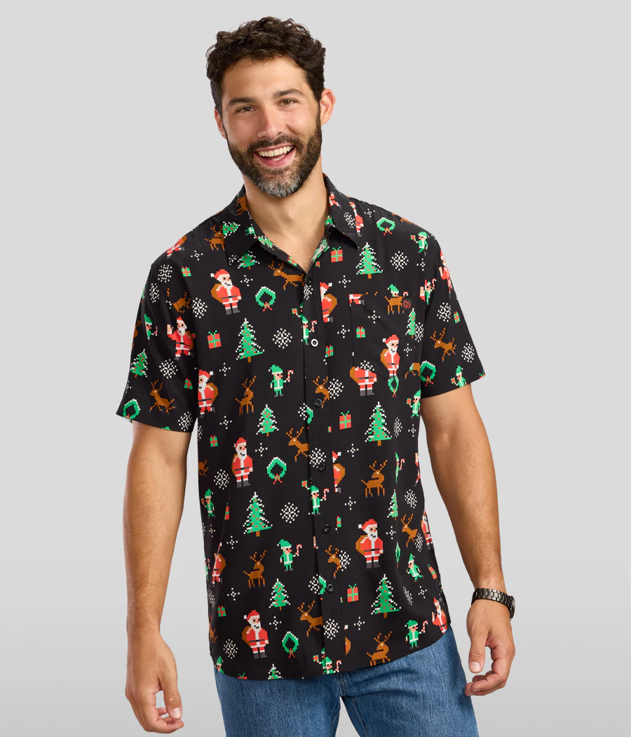 Men's 8-Bit Santa Button Down Shirt