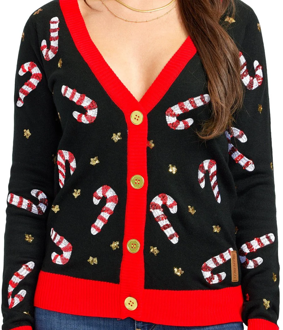 Women's Sequin Candy Cane Cardigan Sweater