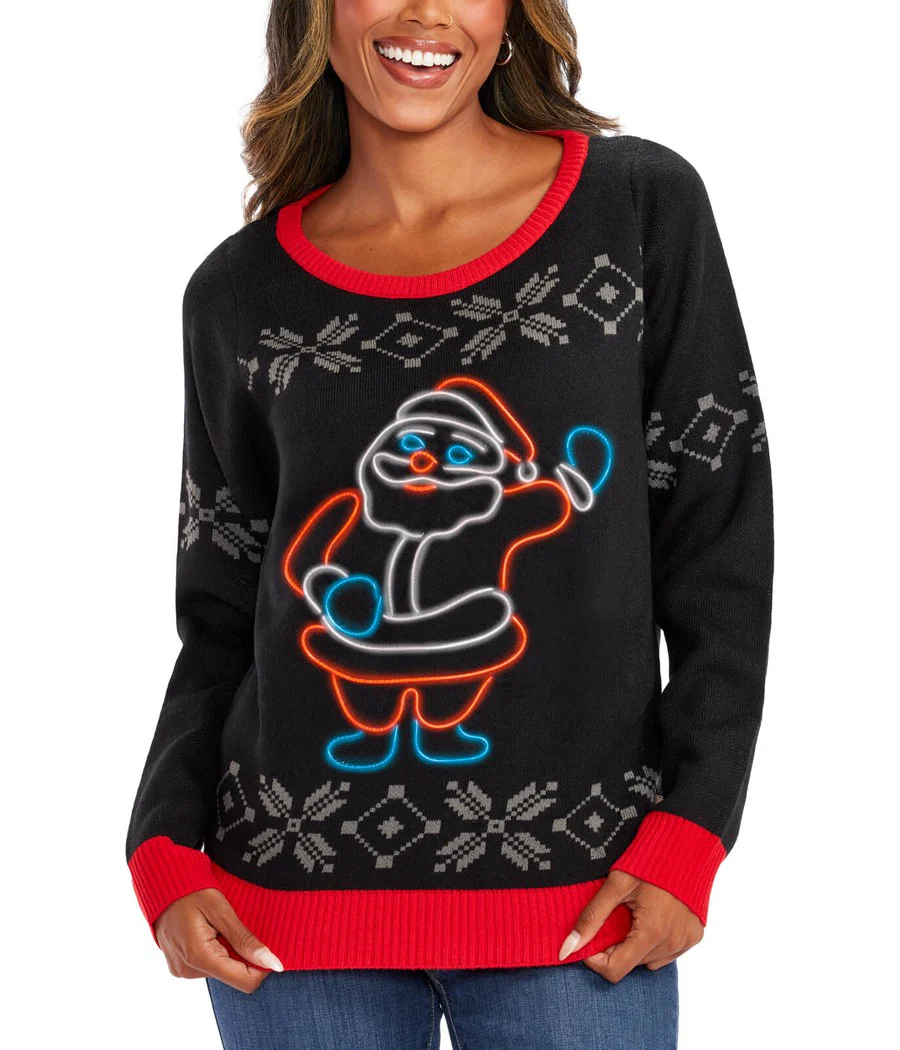 Women's Ho Ho Hello Neon LED Light Up Ugly Christmas Sweater