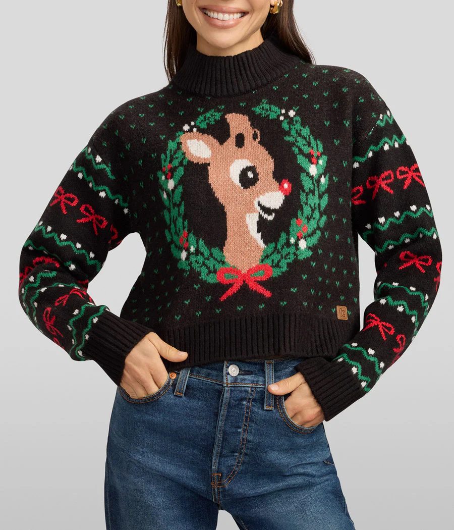 Women's Cozy Knit Rudolph Wreath Cropped Christmas Sweater
