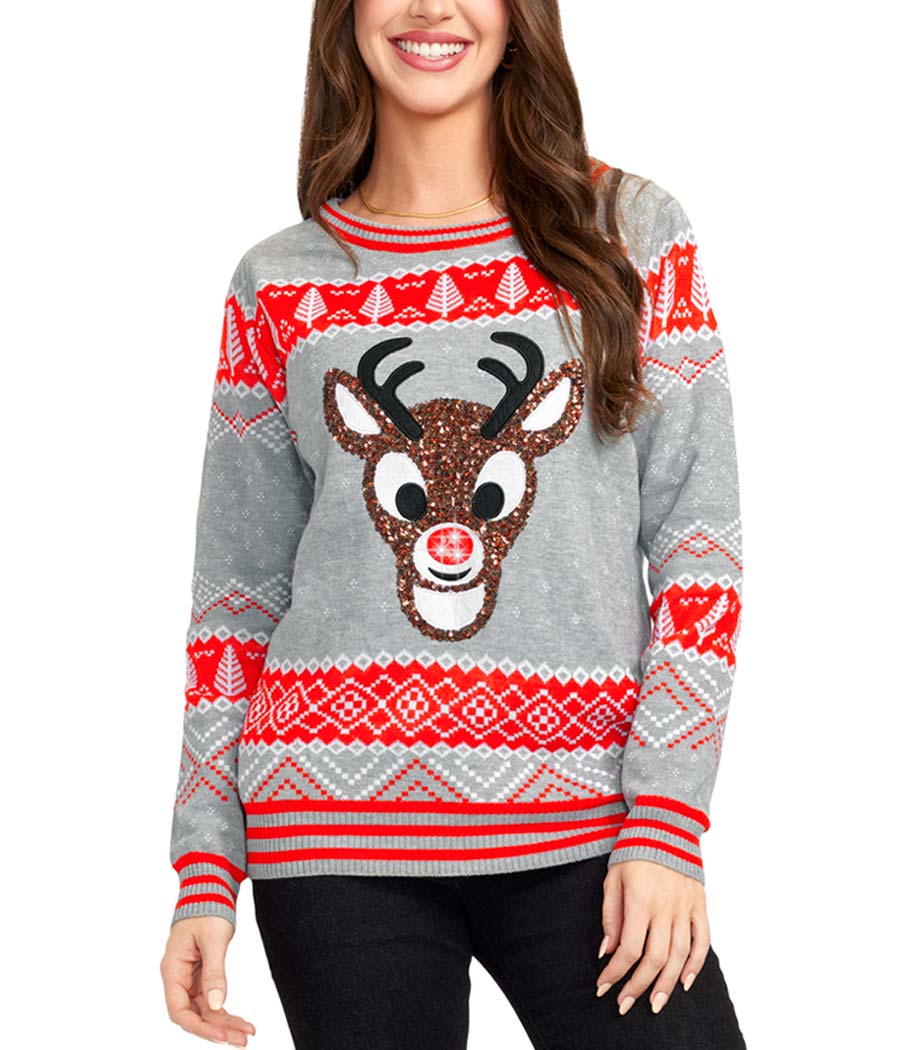 Women's Sequin Rudolph Light Up Ugly Christmas Sweater