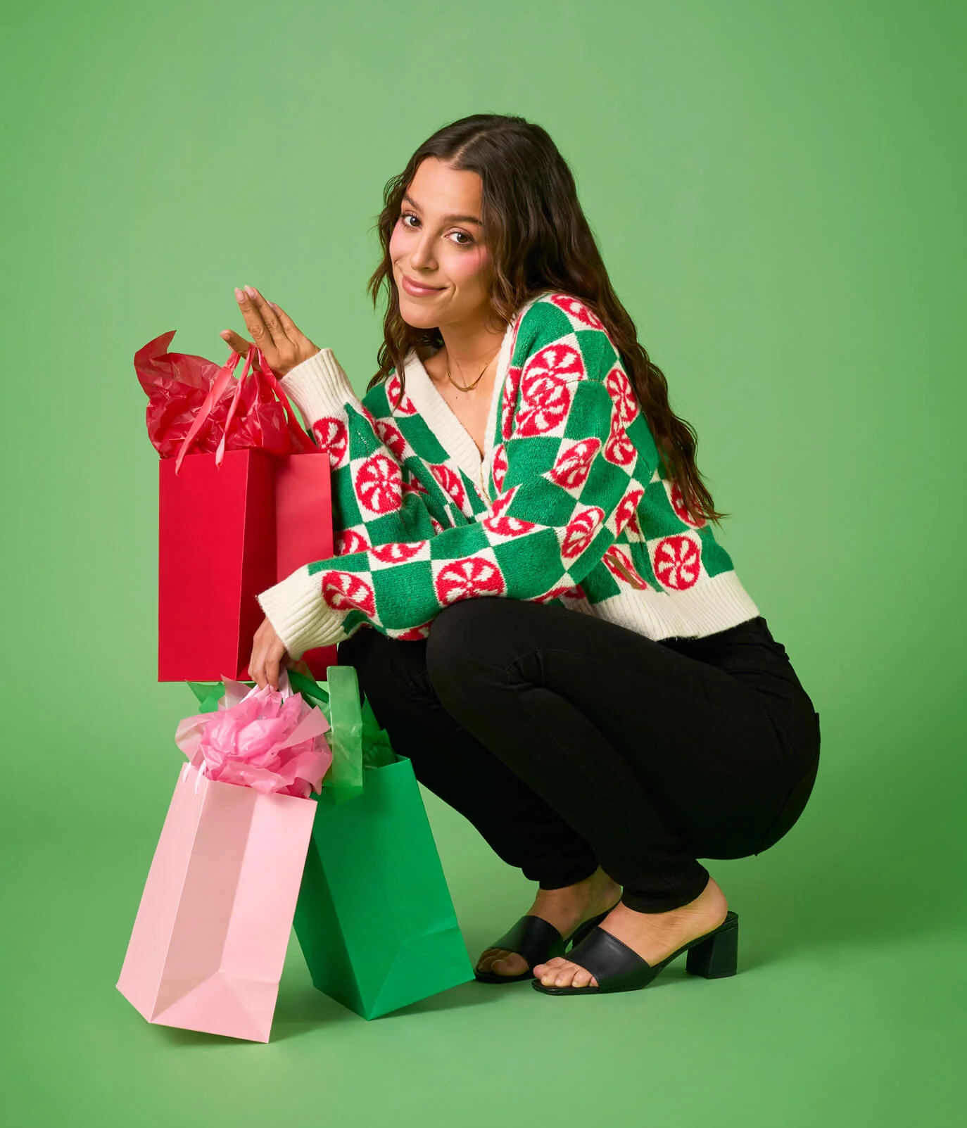 Women's Cozy Knit Checker Mint Cropped Christmas Cardigan Sweater