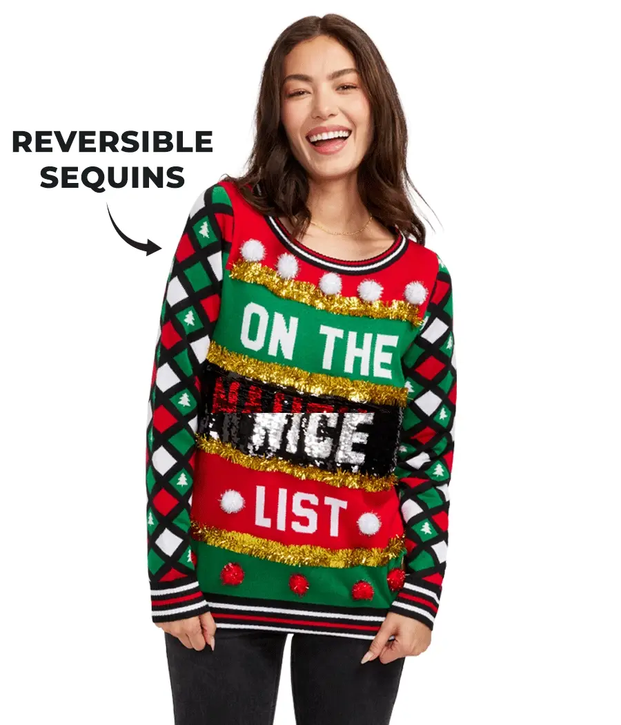 Women's Naughty or Nice Reversible Sequin Ugly Christmas Sweater