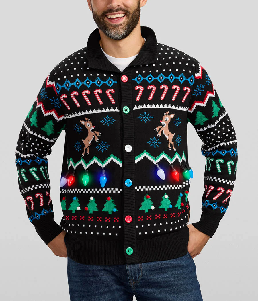 Men's Fair Isle Rudolph Light Up Christmas Cardigan Sweater