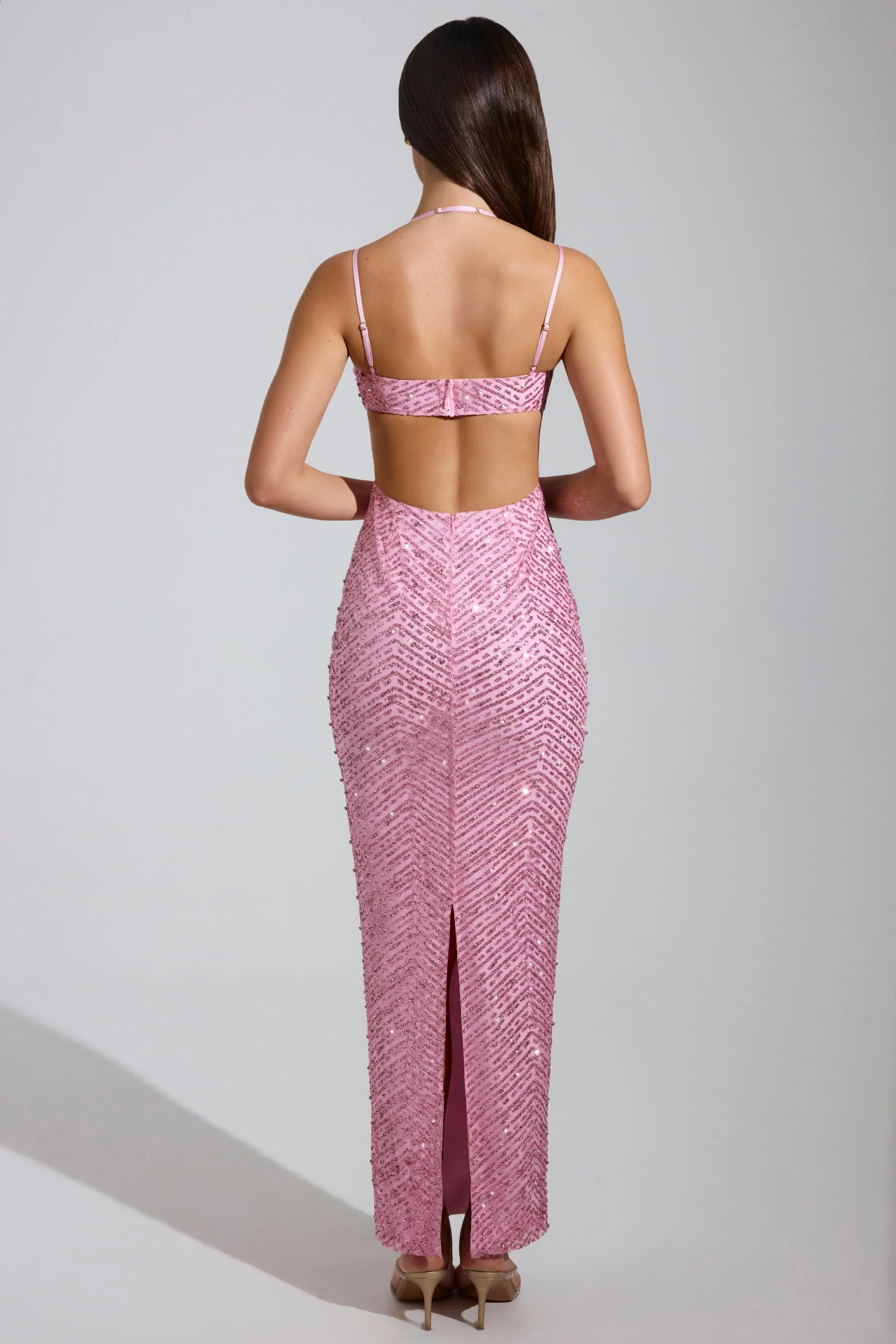Embellished Cowl-Neck Maxi Dress in Pink