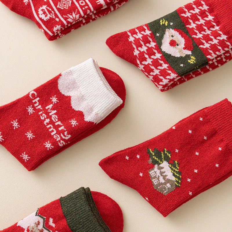 5 Pack Warm Thick Cashmere Mid Calf Red Christmas Socks