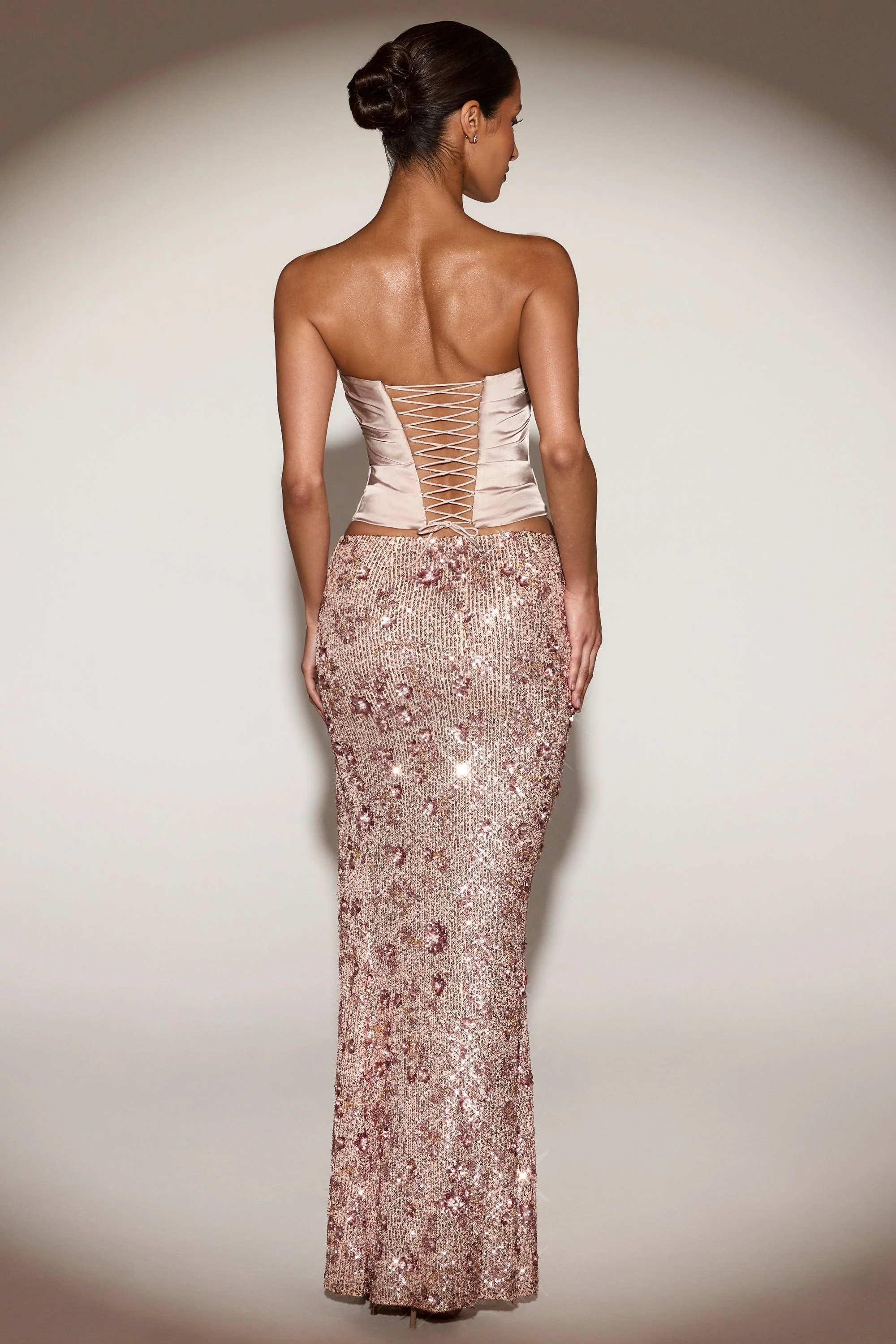 Embellished Mid-Rise Maxi Skirt in Rose Gold