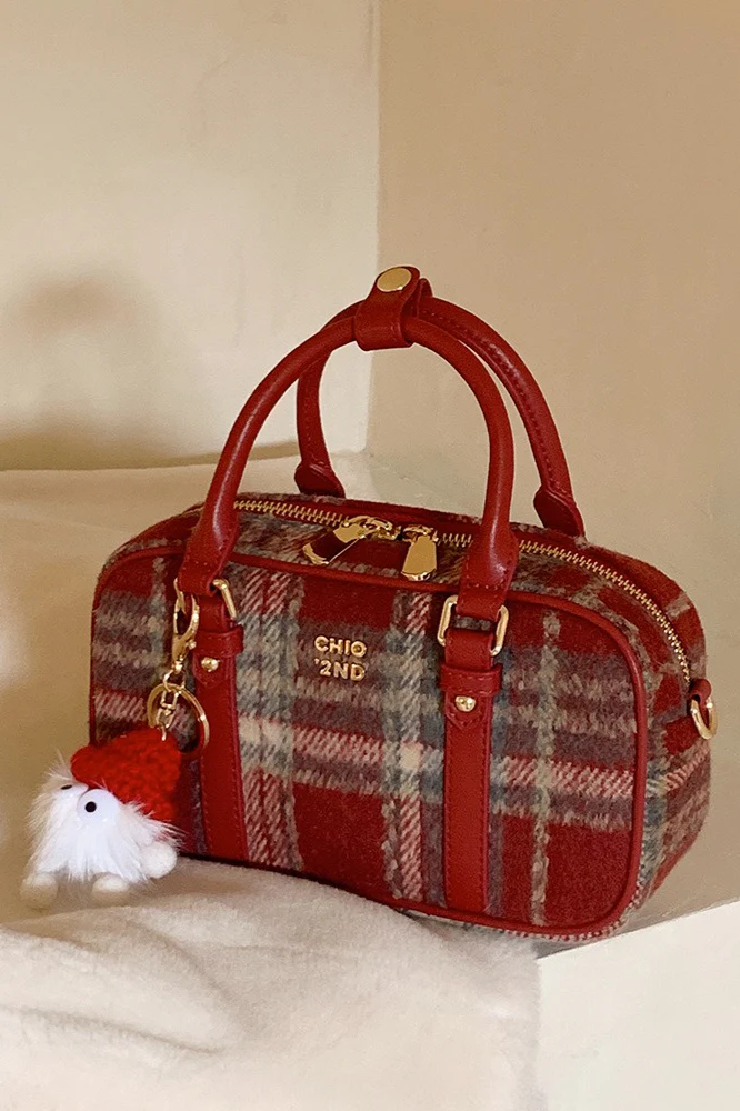 Red Tweed Pillow Handheld Shoulder Crossbody Bag