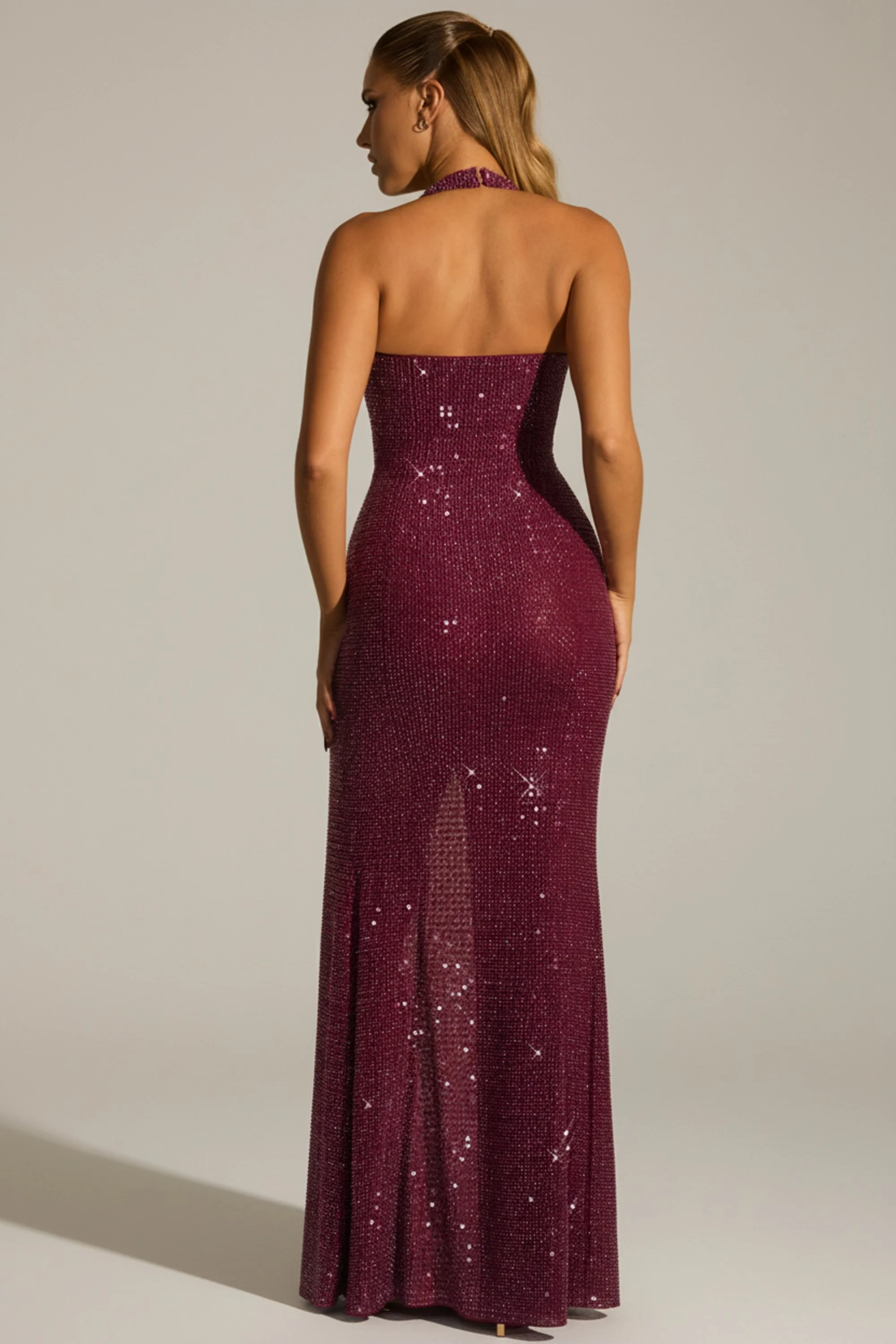 Embellished Halterneck Gown in Plum