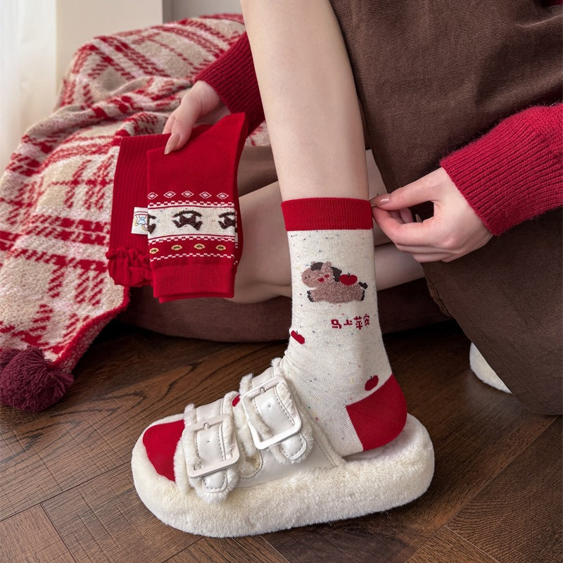 Red Retro Christmas Slouchy Crew Christmas Socks