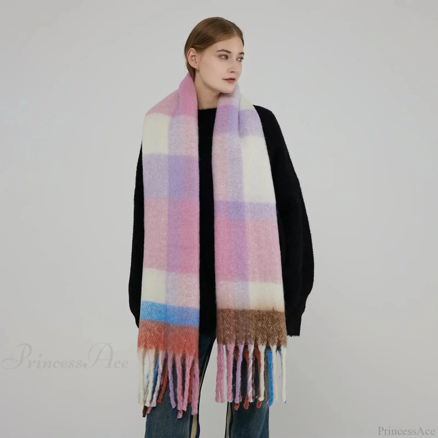 Elegant Minimalist Plaid Long Shawl Thickened Warm Scarf for Women