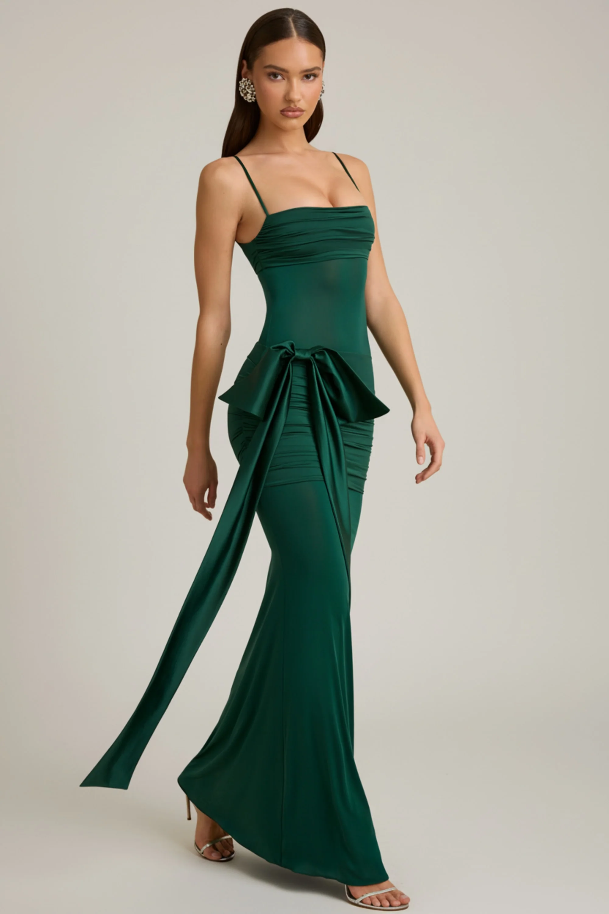 Bow-Detail Ruched Maxi Dress in Emerald Green