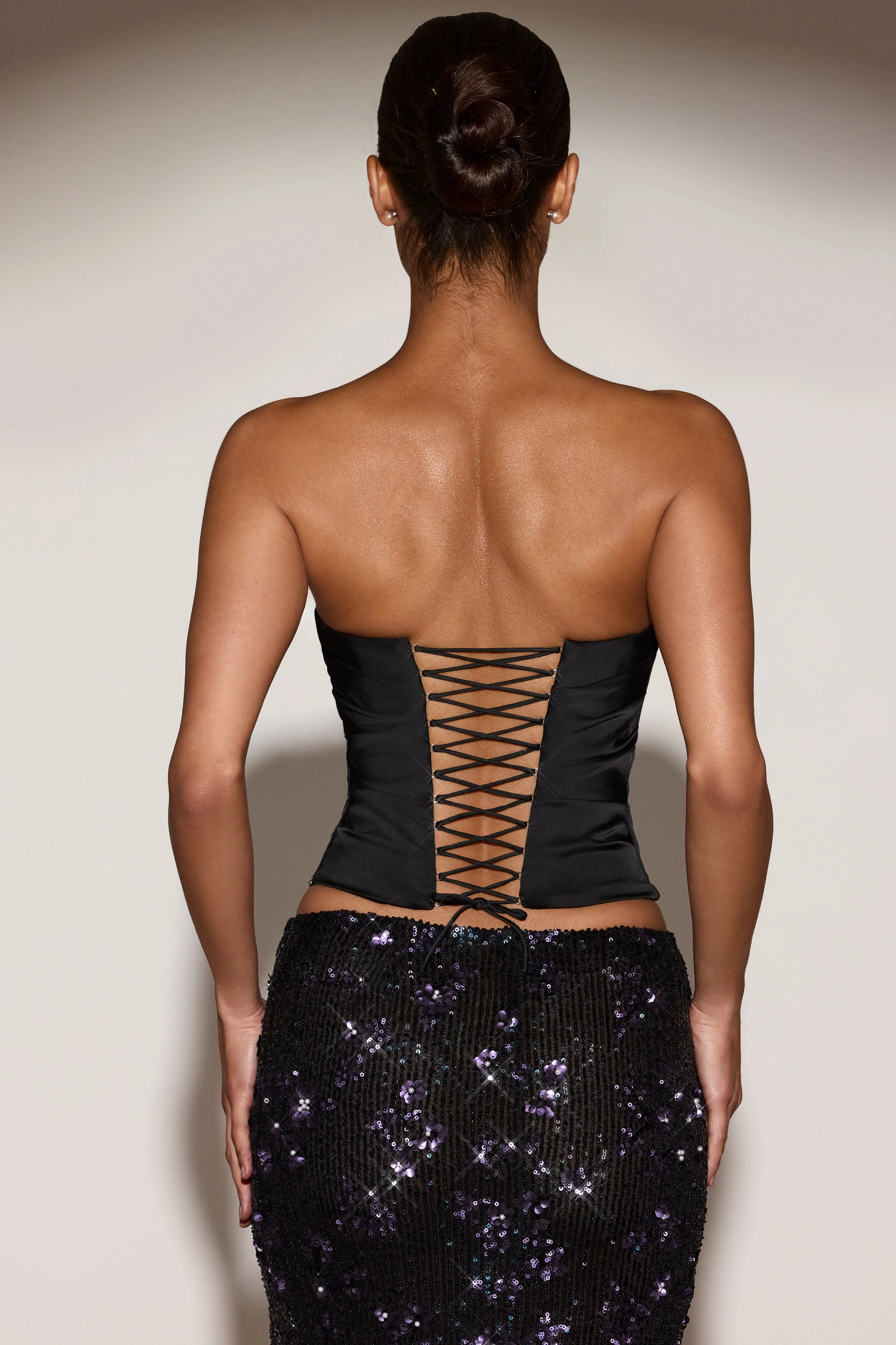 Draped Lace-Up Corset Top in Black Purple