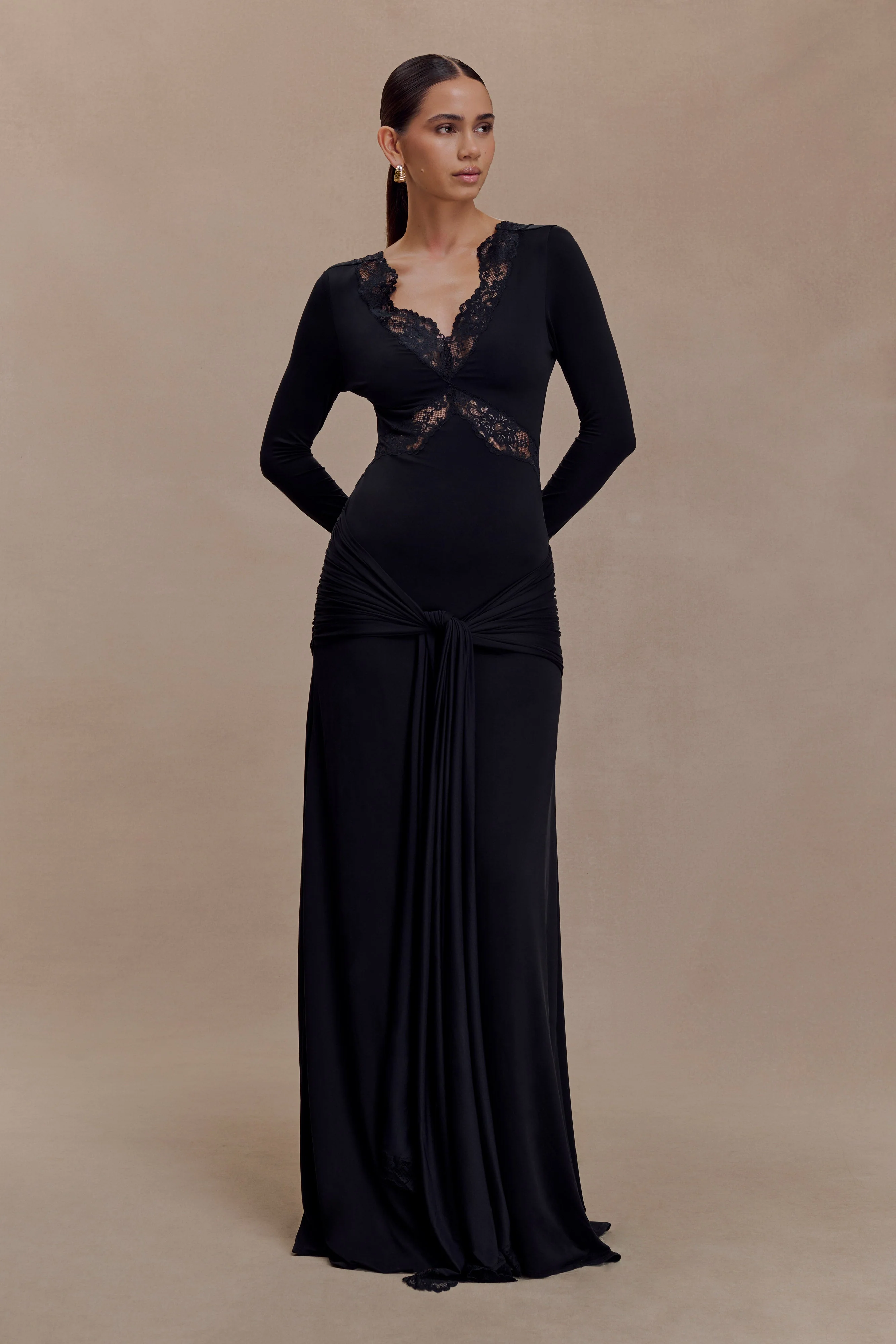 Electra Slinky Lace Maxi Dress - Black