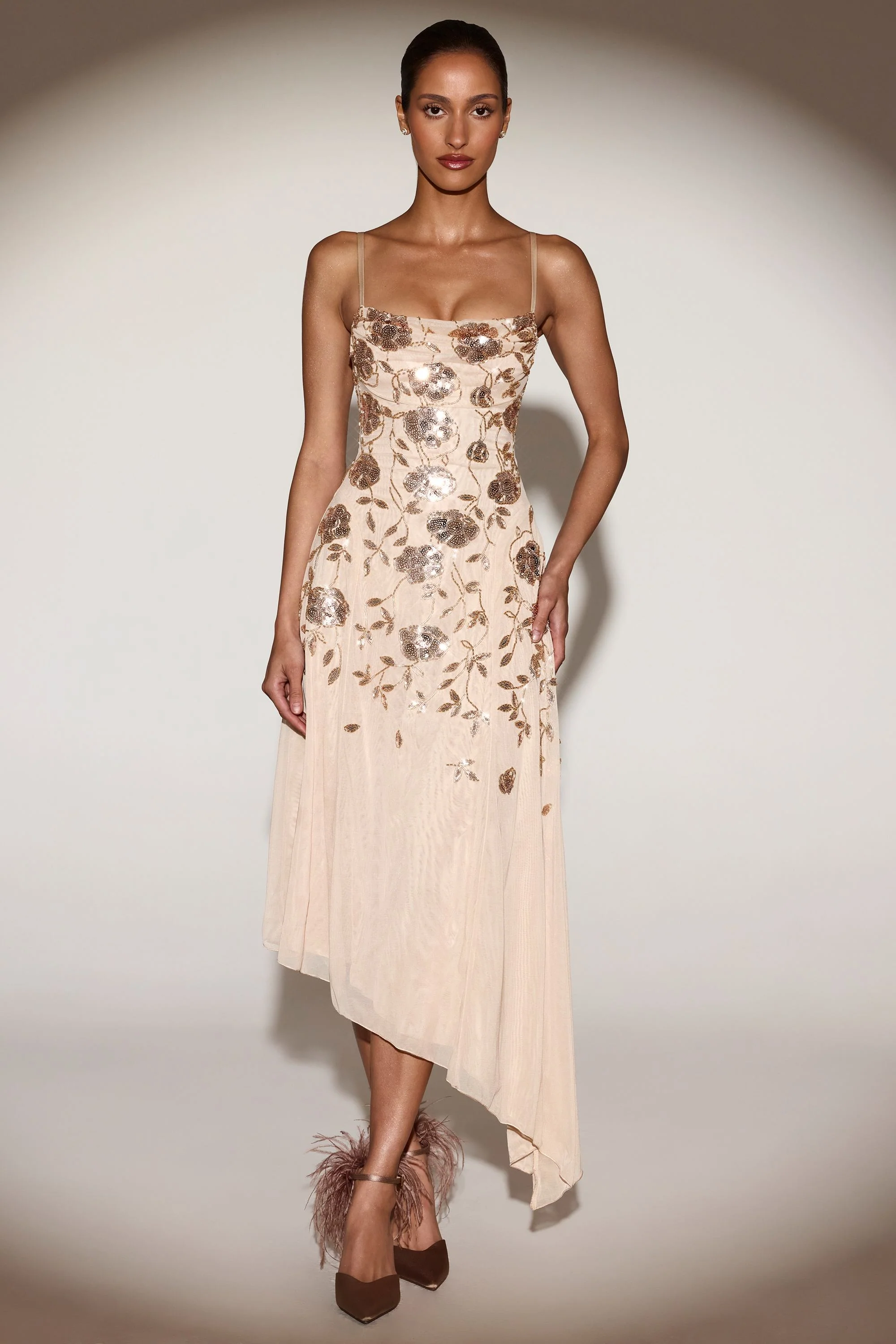 Embellished Asymmetric Midaxi Dress in Gold