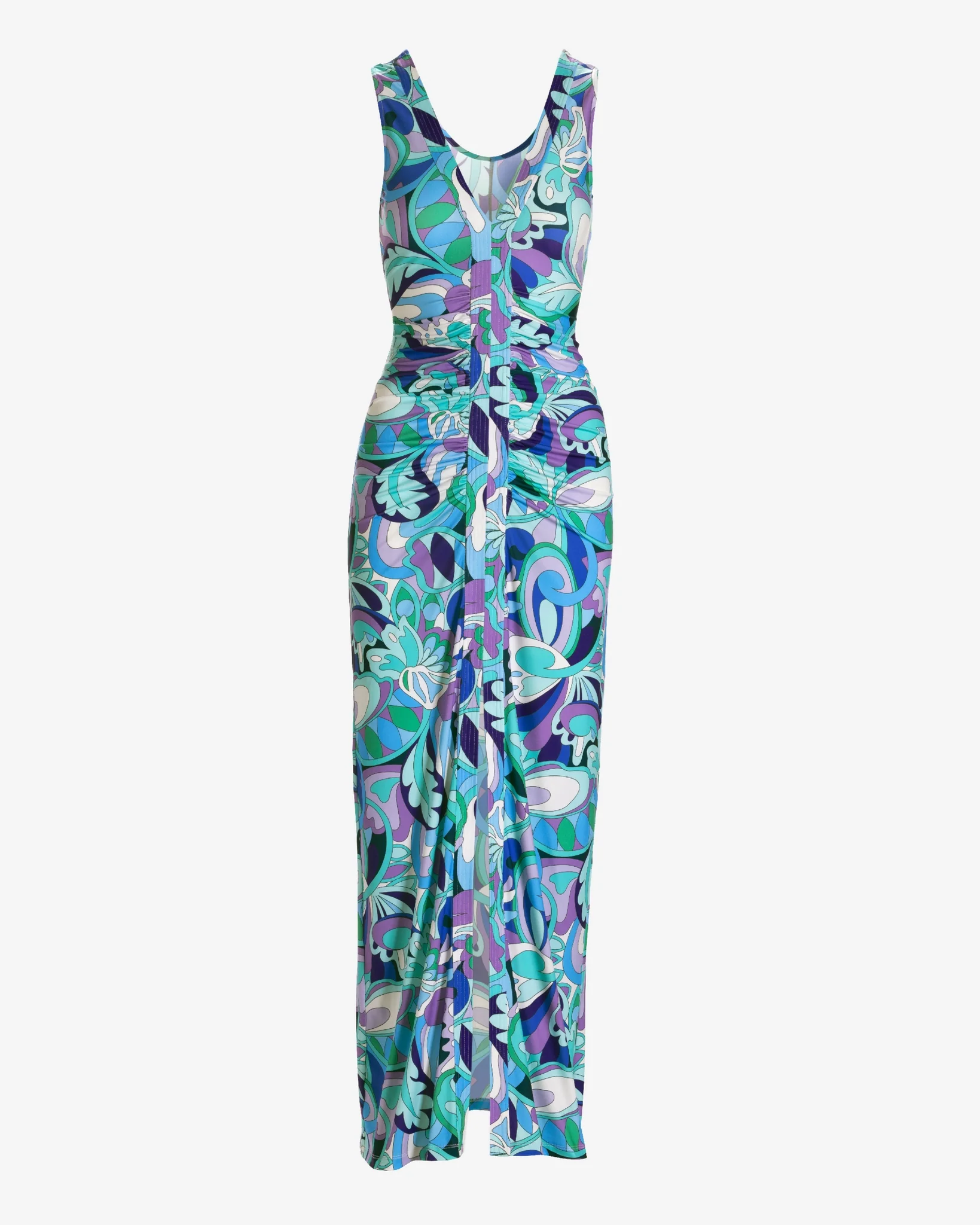 Maldives Abstract Sleeveless Ruched Front Slit Maxi Dress Maldives Abstract