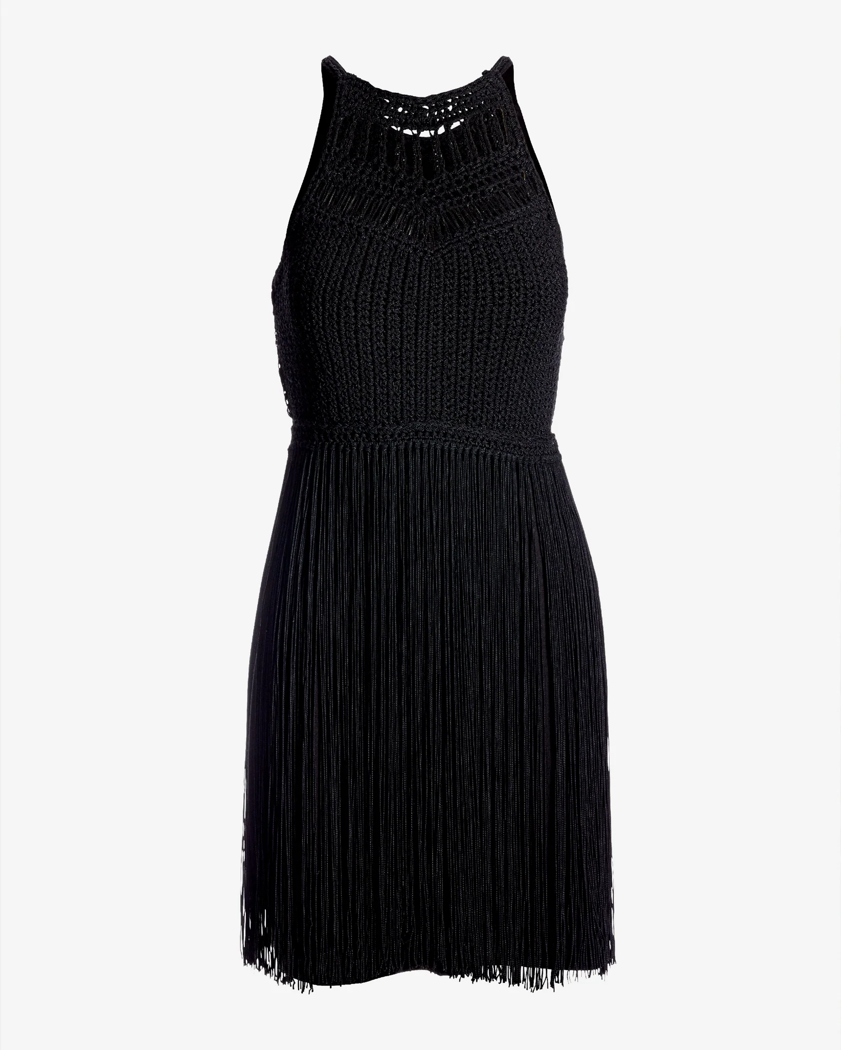 Halter Crochet Fringe Shift Dress Black