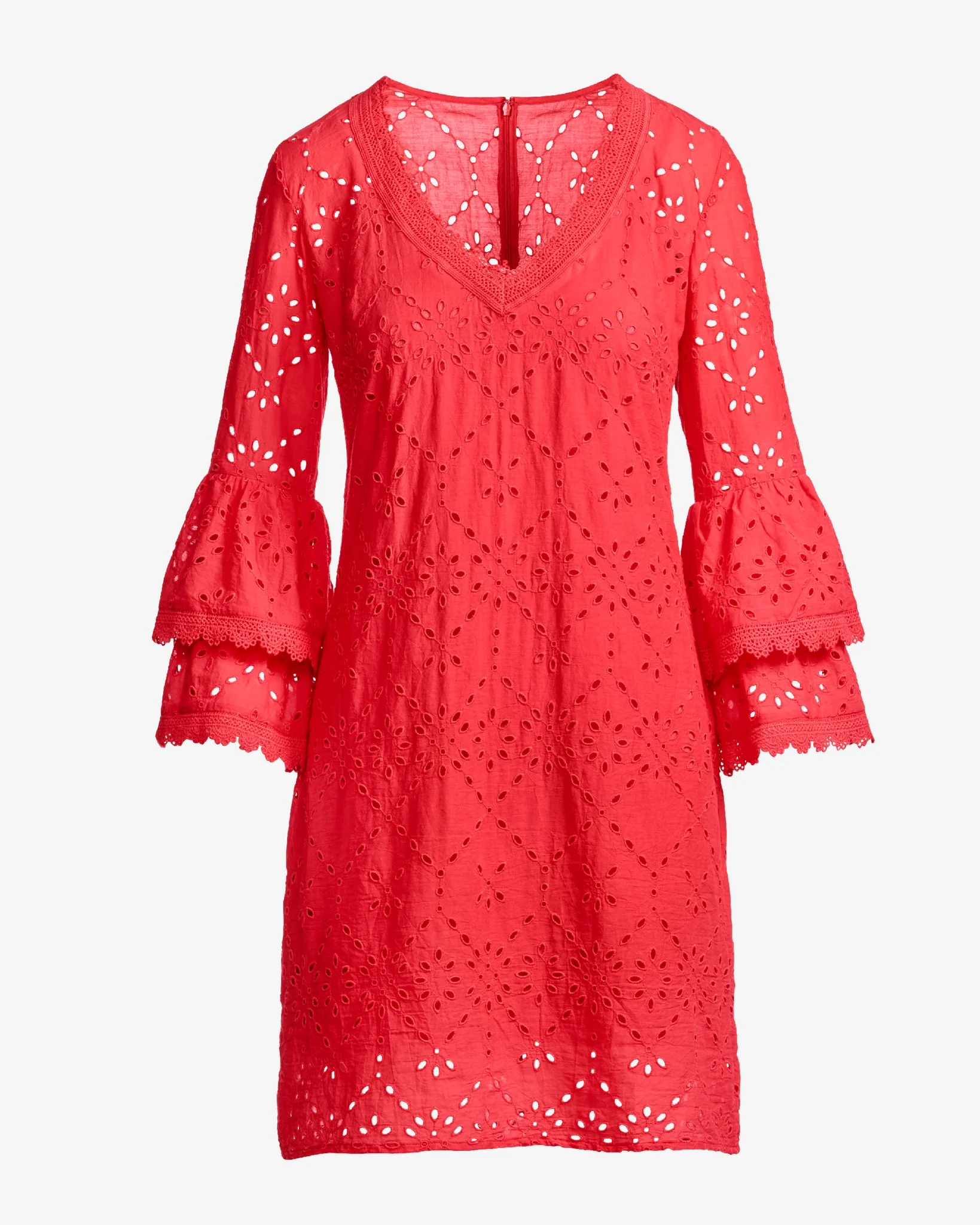 Lace Trim Tiered Sleeve Eyelet Shift Dress Hibiscus