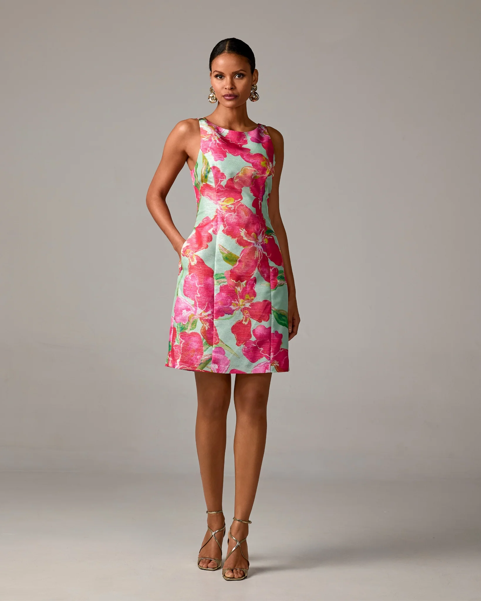 Exploded Floral Print Sheen A Line Dress Pink Multi