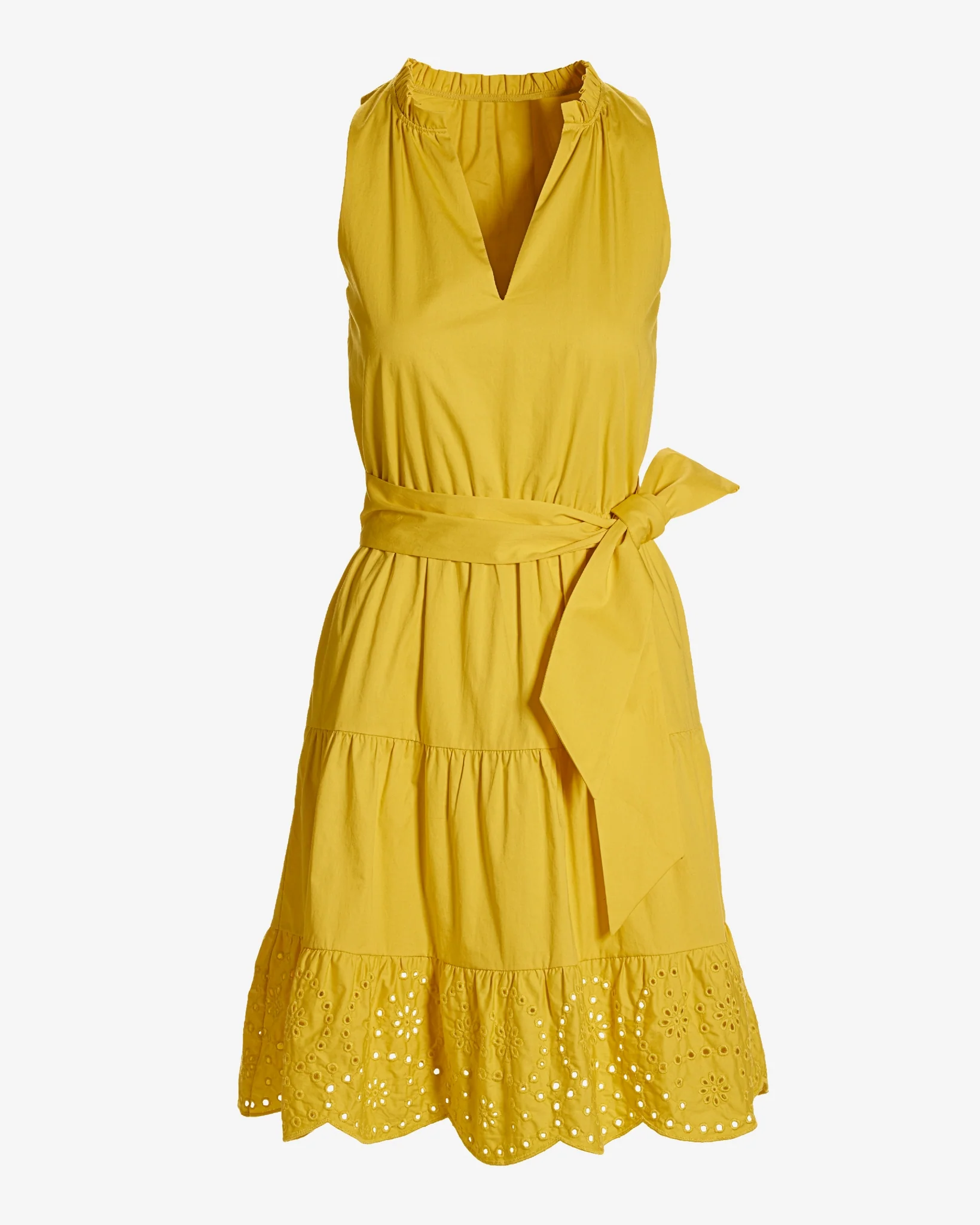Tie Waist Tiered Fit and Flare Poplin Dress Lemon Drop