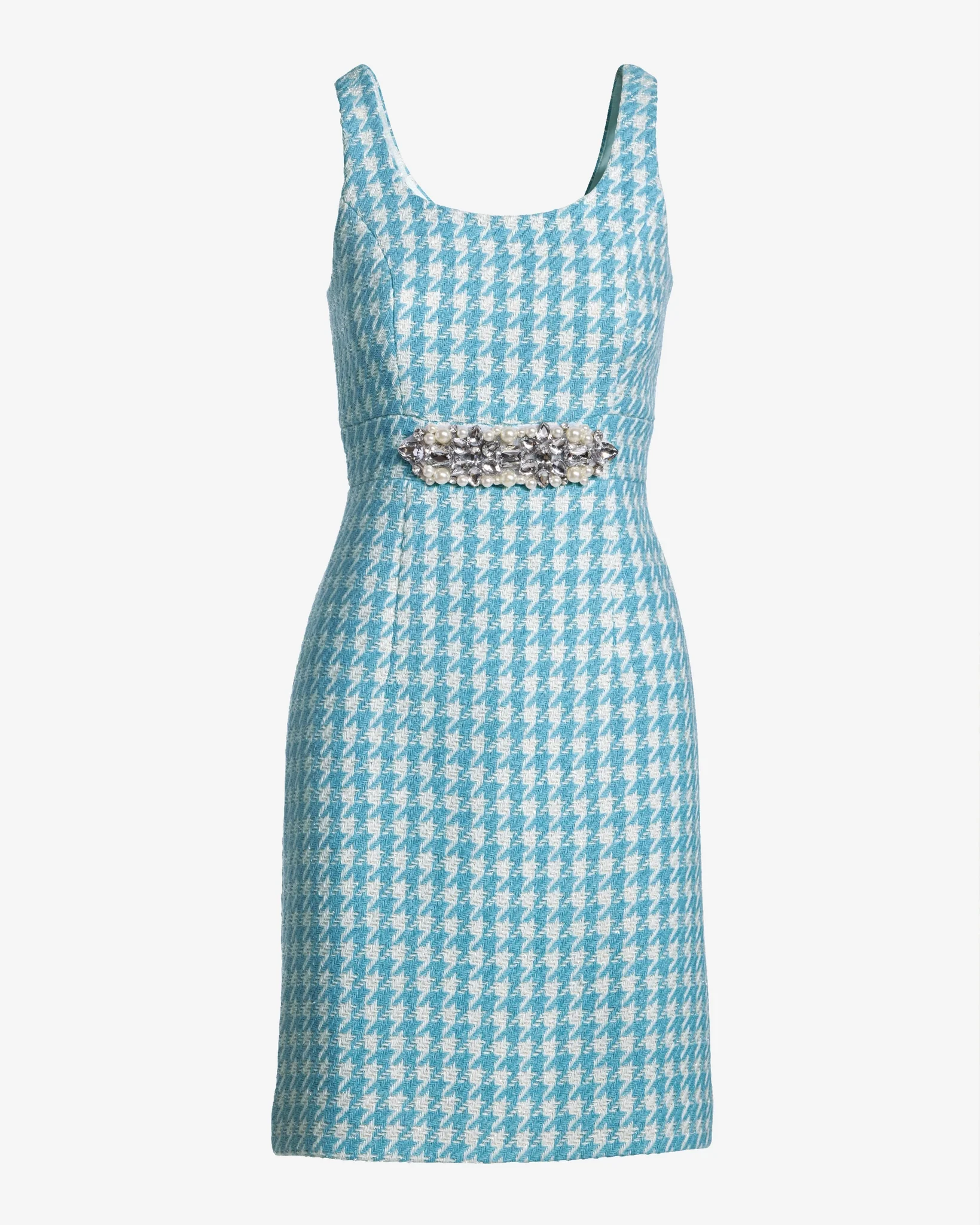 Houndstooth Tweed Embellished Sheath Dress Blue/White