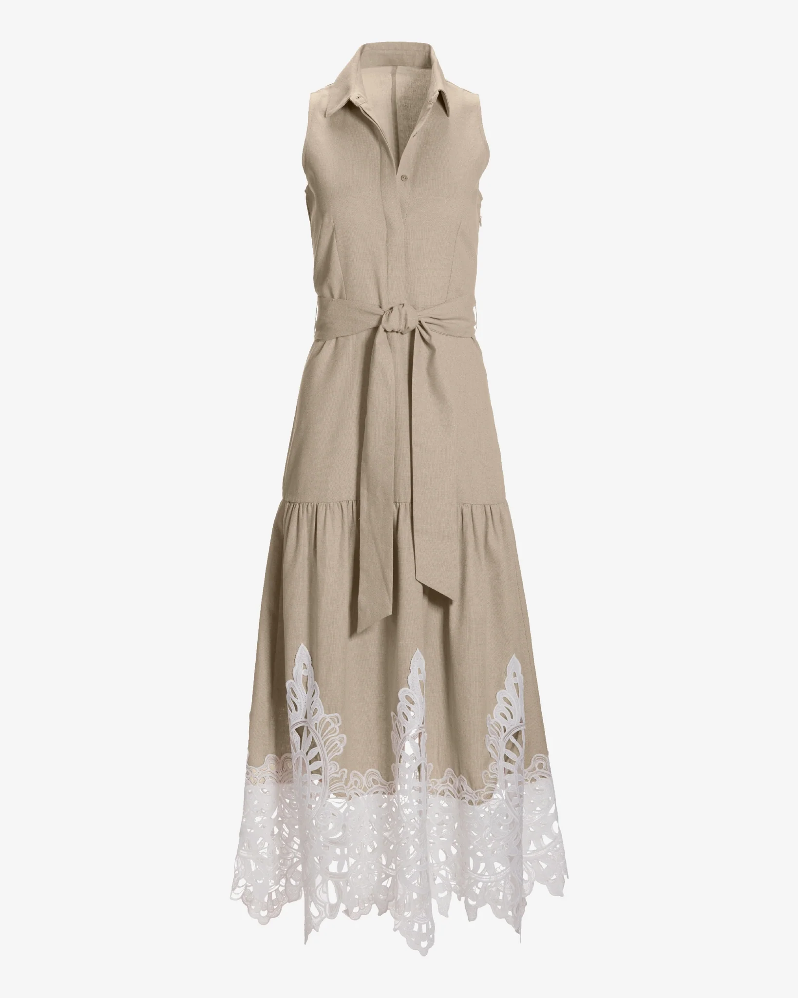 Lace Trim Linen Sleeveless Midi Dress Tan