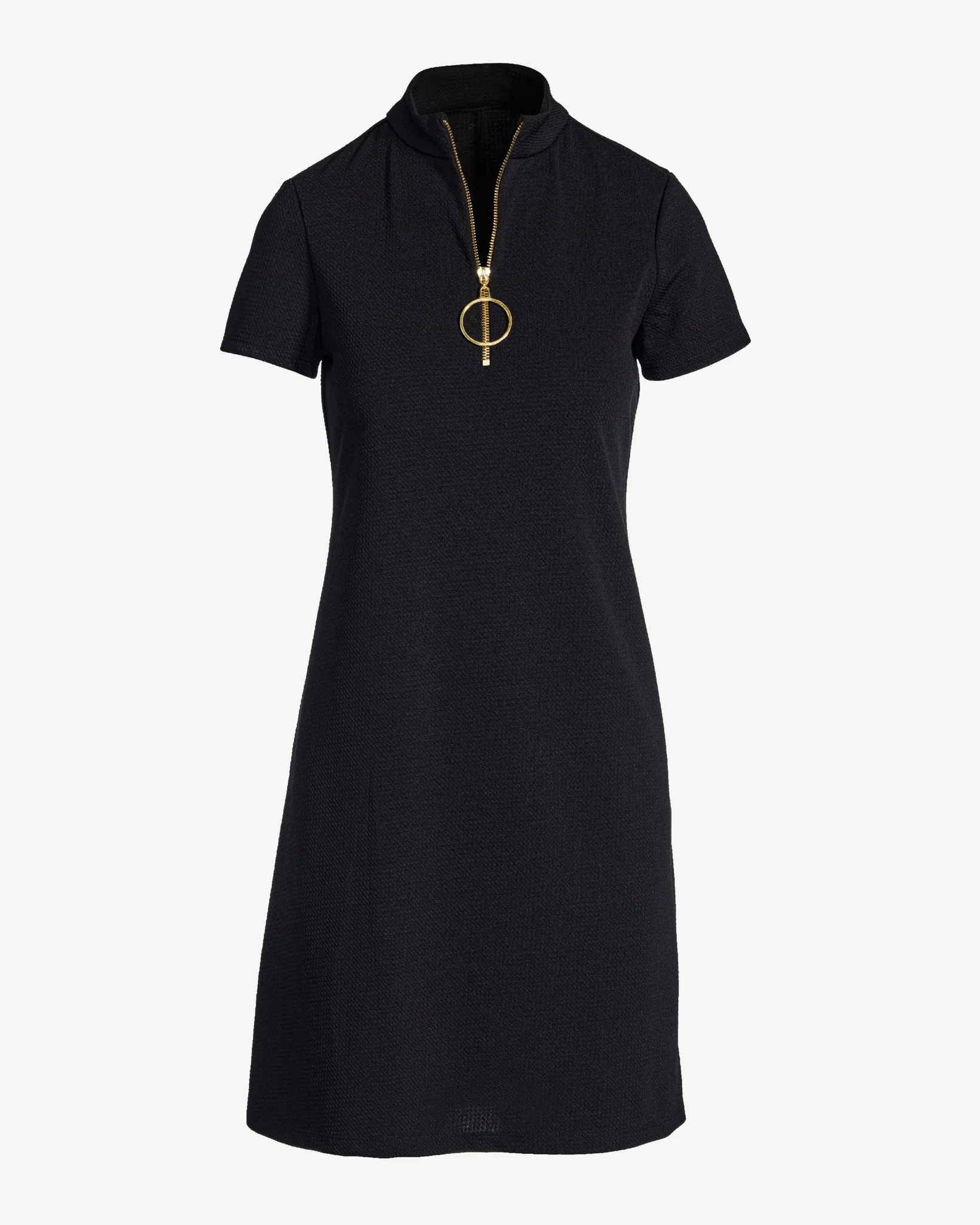 Zip Up Short Sleeve Shift Dress Black