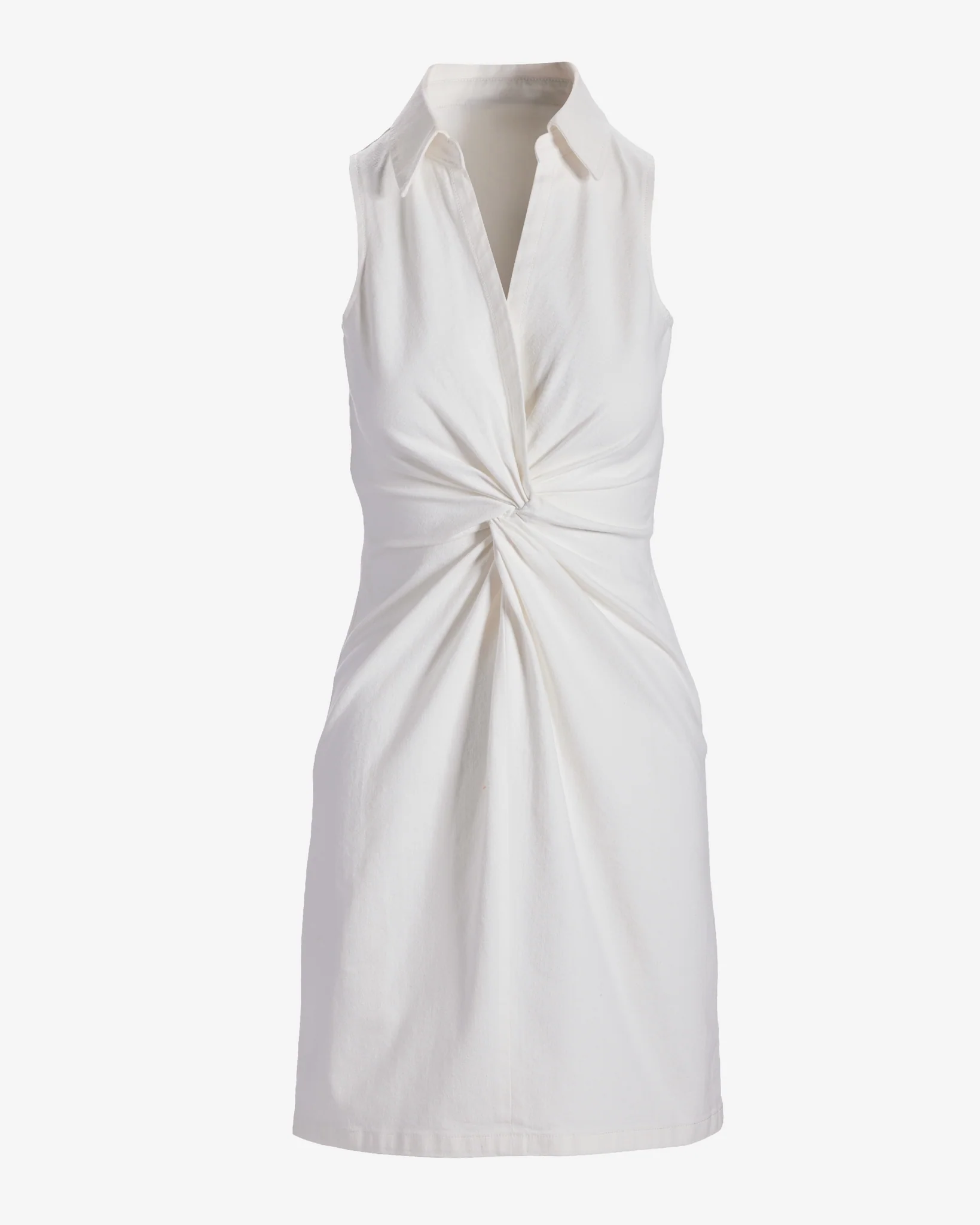 Stretch Denim Knot Waist Collared Shift Dress White