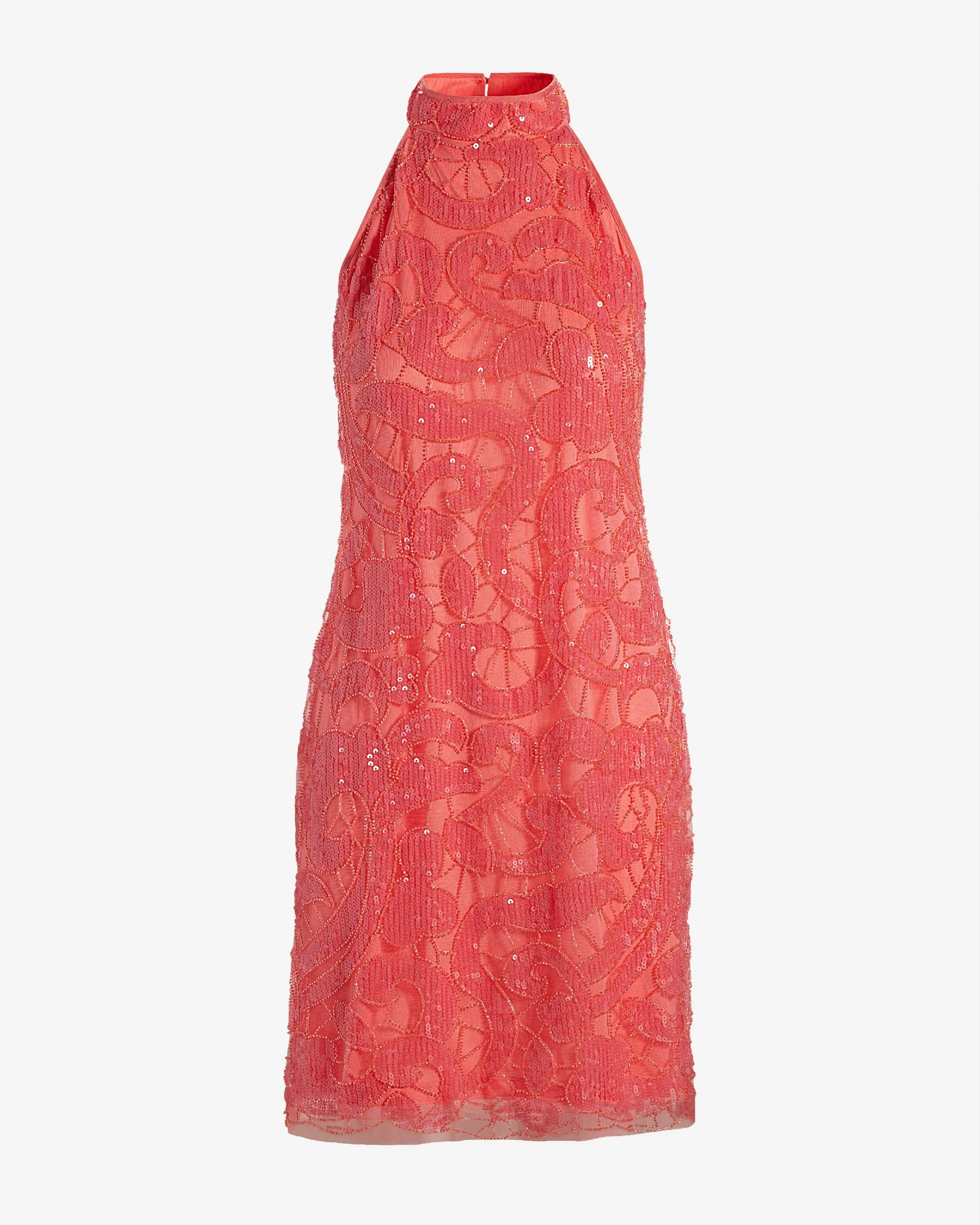 Sequin & Bead Embellished Mock Neck Swing Dress Bright Coral