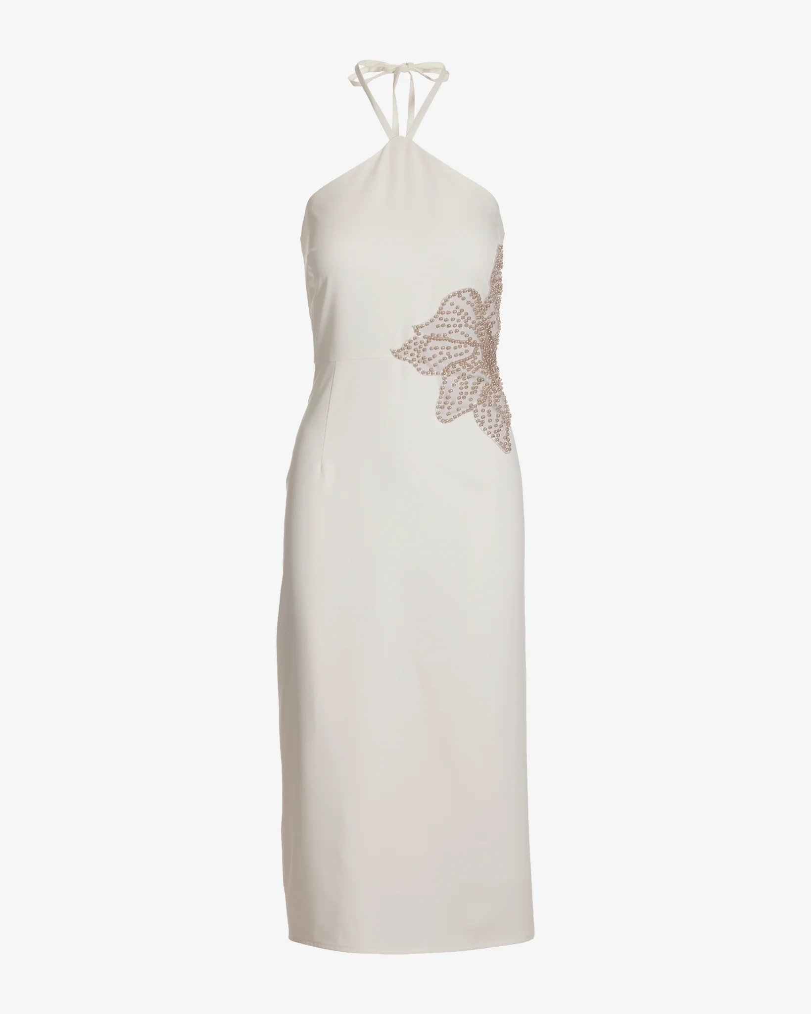 Pearl Embellished Flower Halter Column Dress White