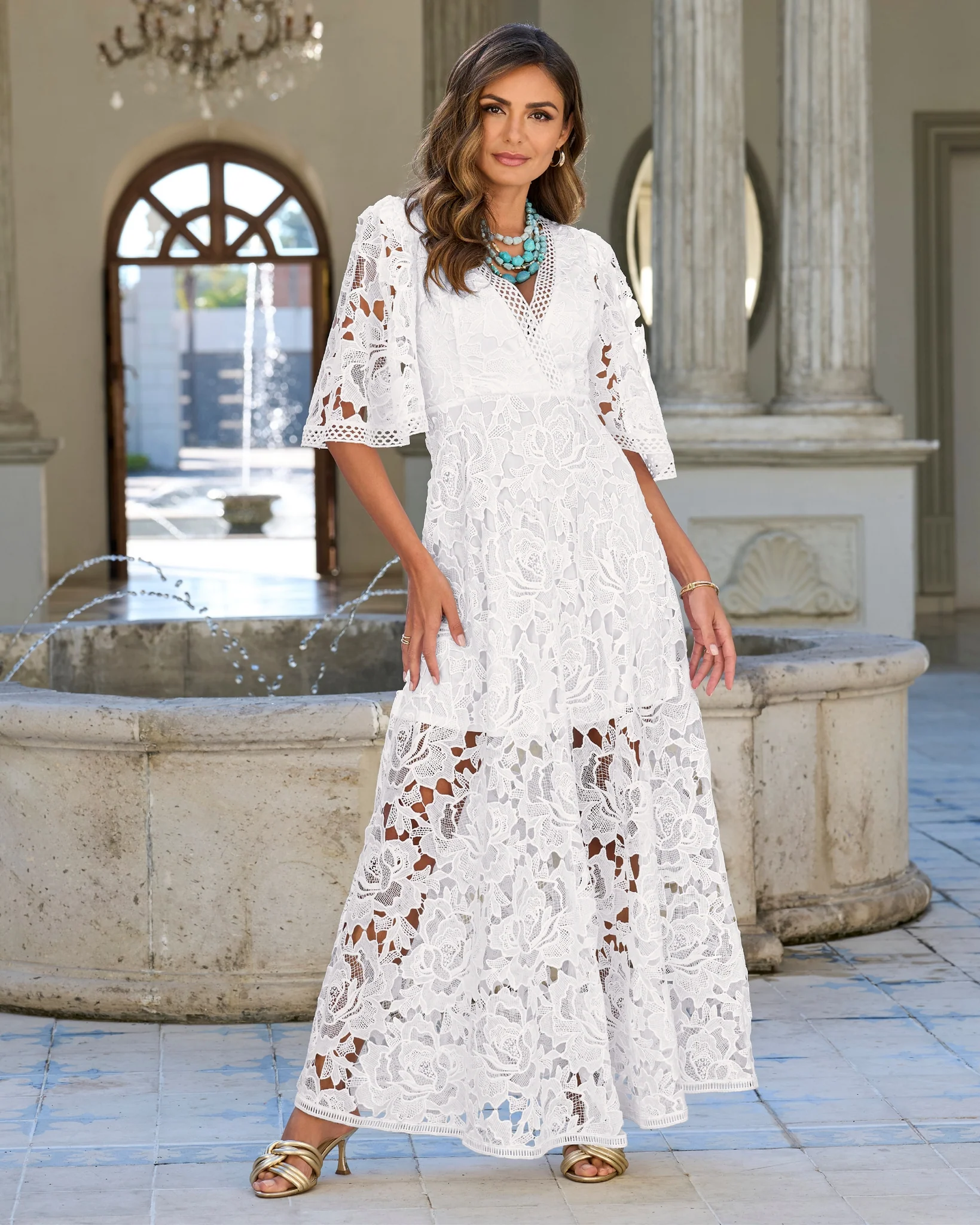 Lace Flounce Sleeve Maxi Dress White