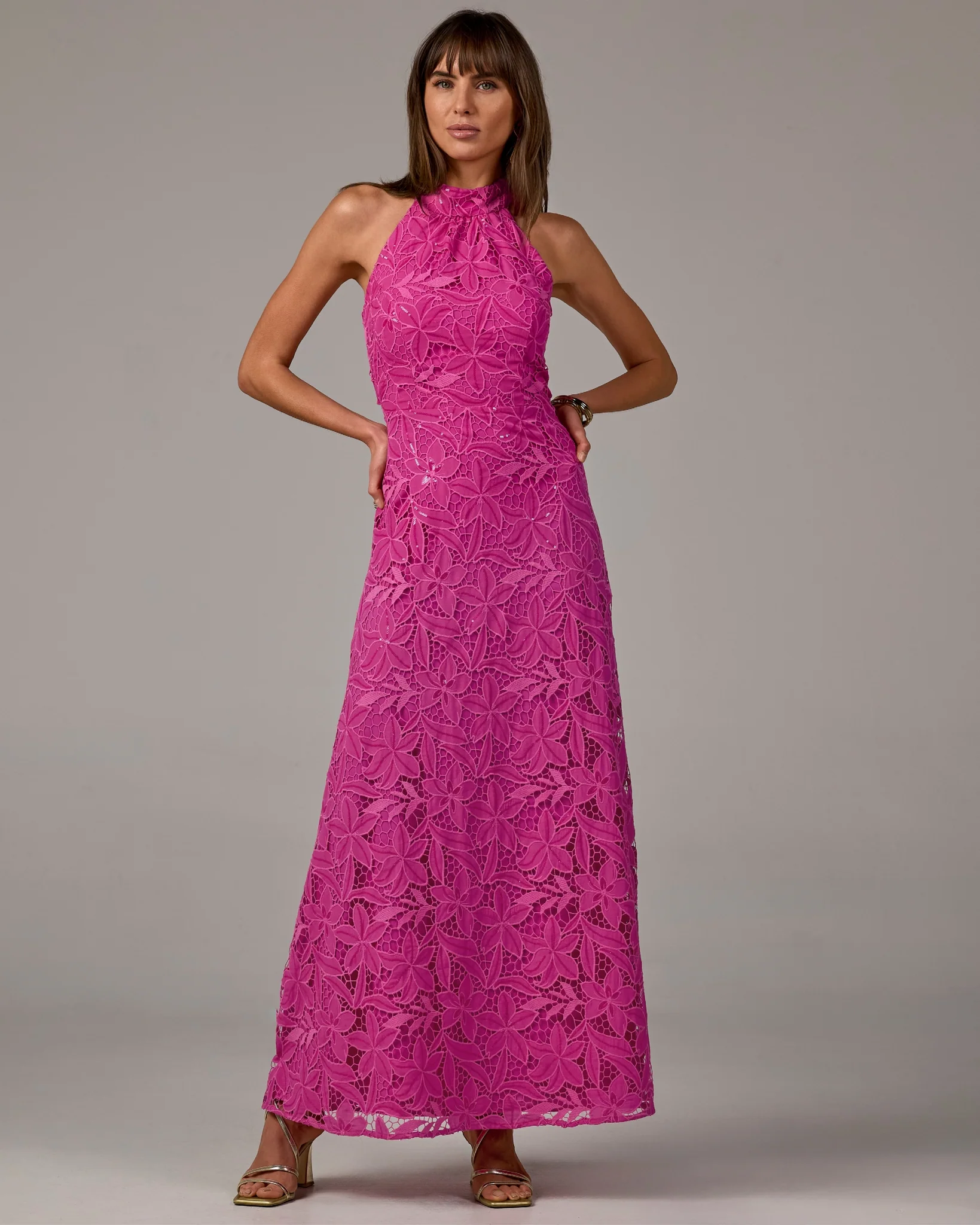 Sequin Lace Halter Neck Maxi Dress Raspberry Rose