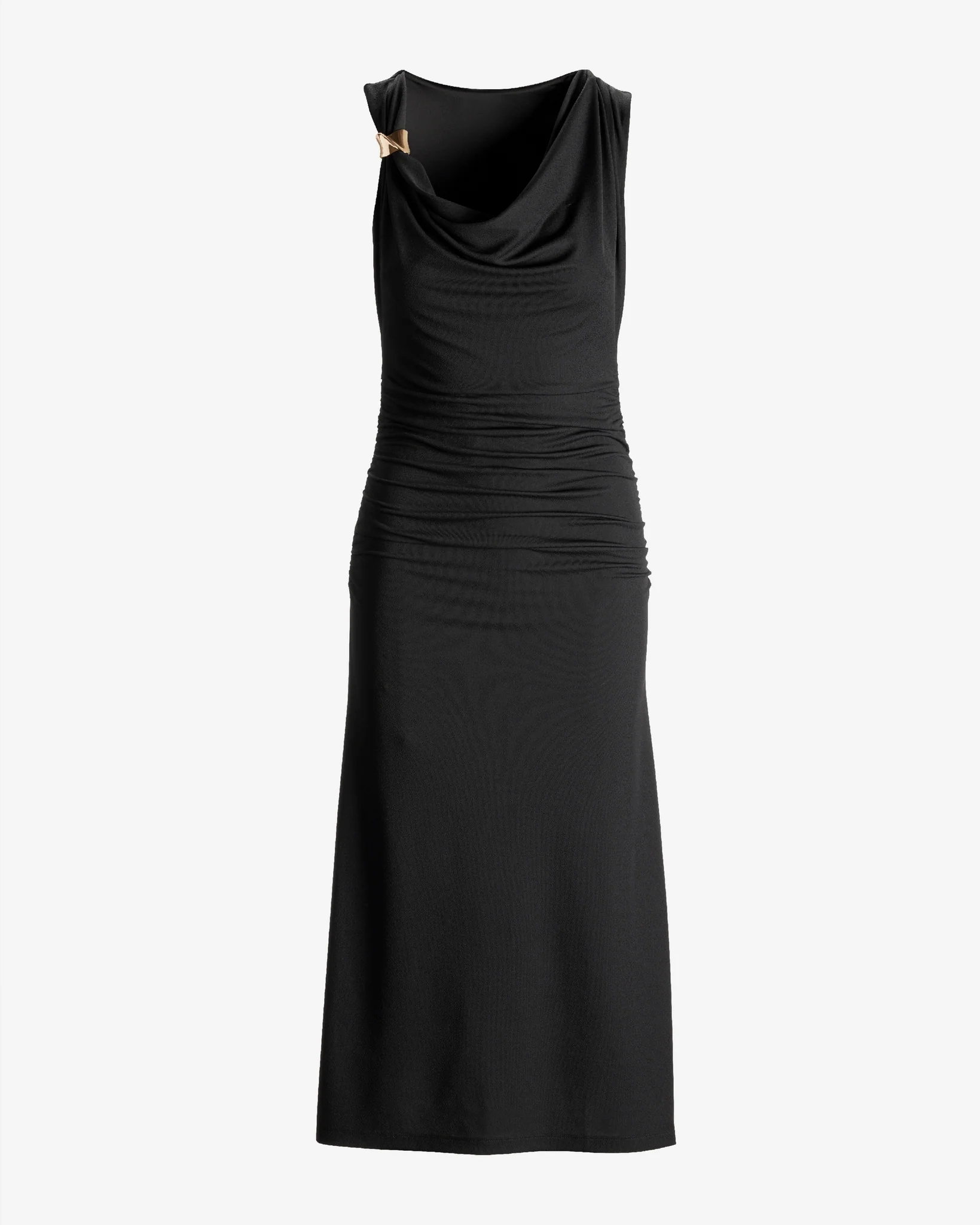 Cowl Neck Hardware Detail Ruched Knit Sheath Dress Black