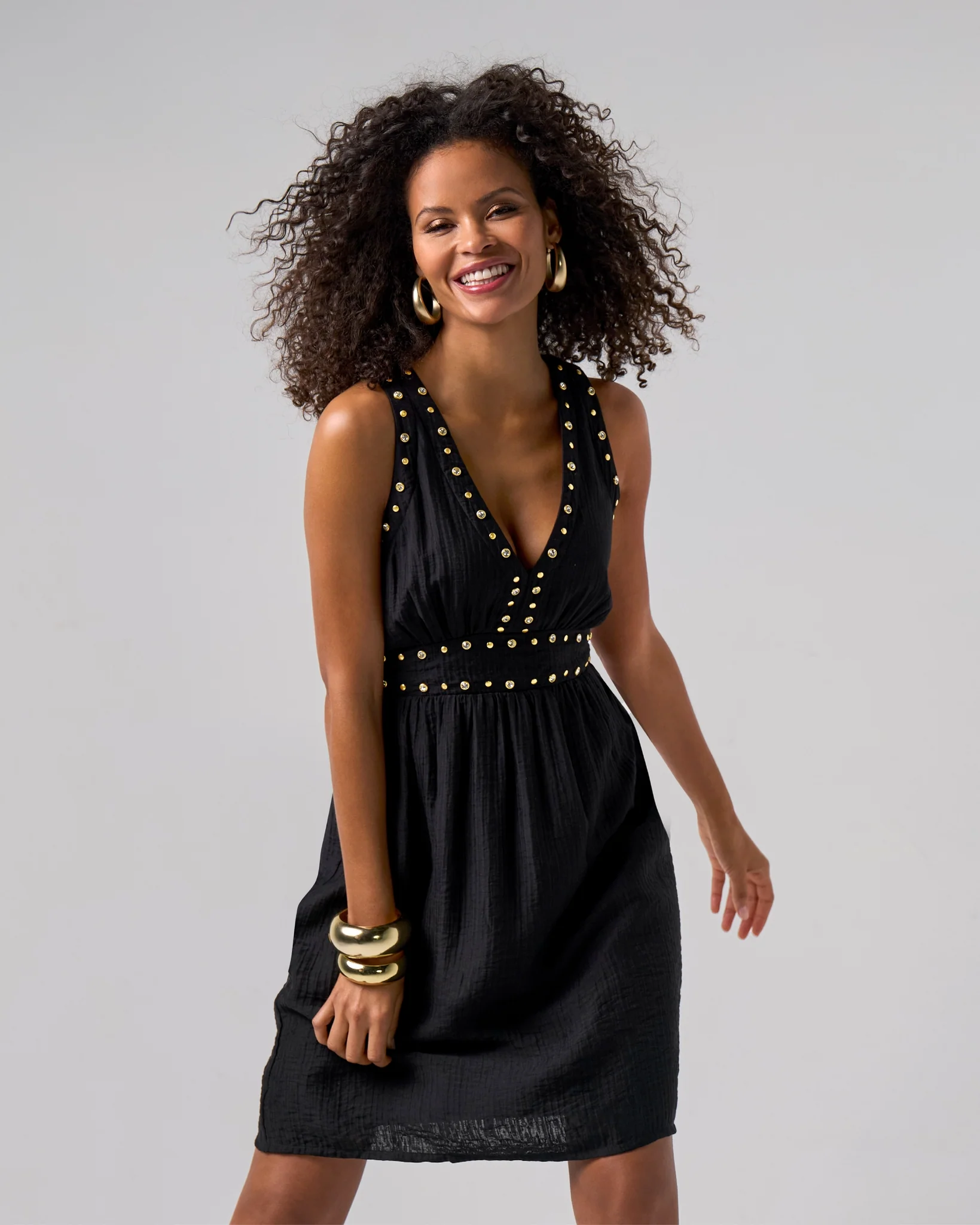 Grommet and Crystal Detail V Neck Fit And Flare Dress Black