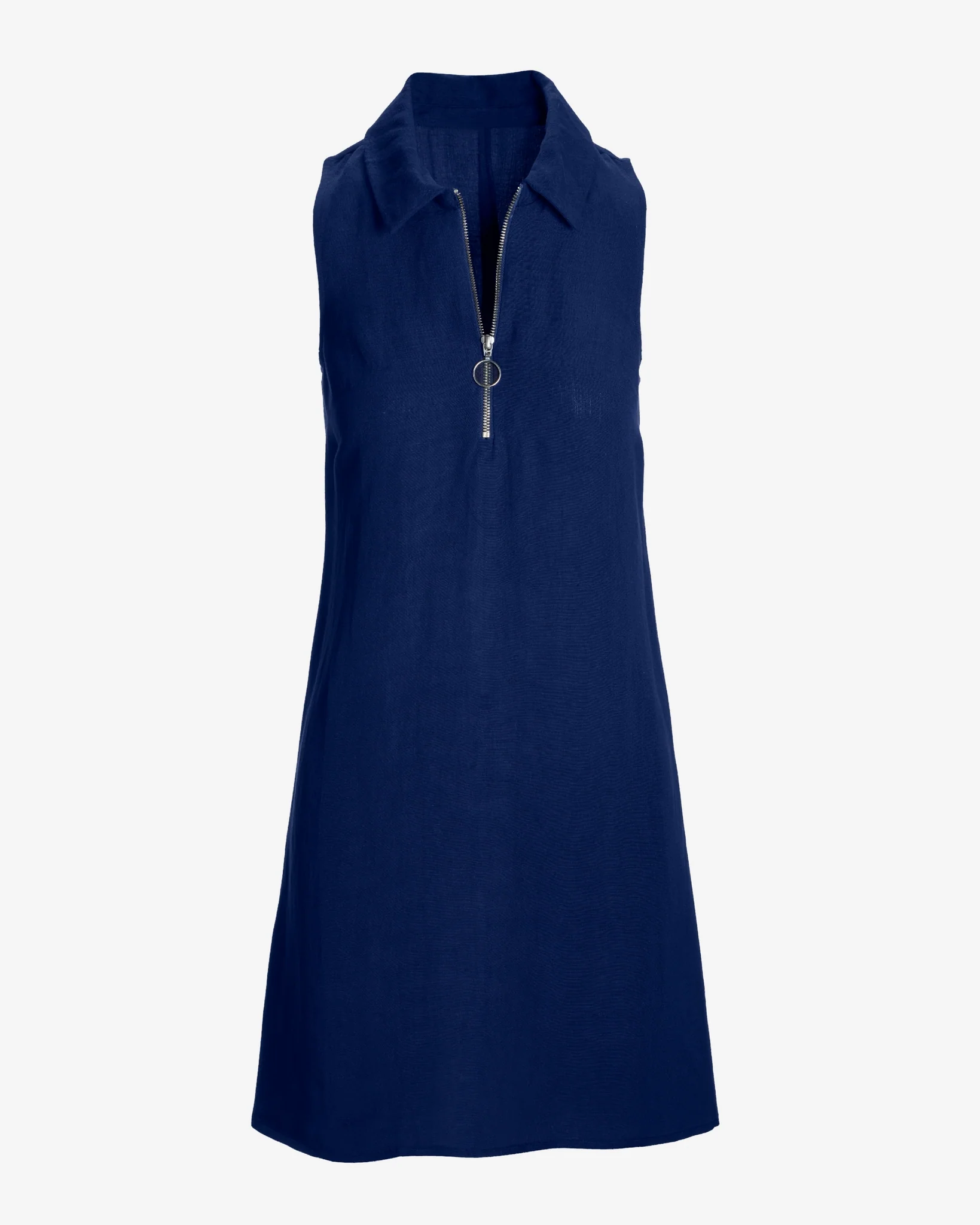 Zip Detail Linen Collared Shift Dress Navy