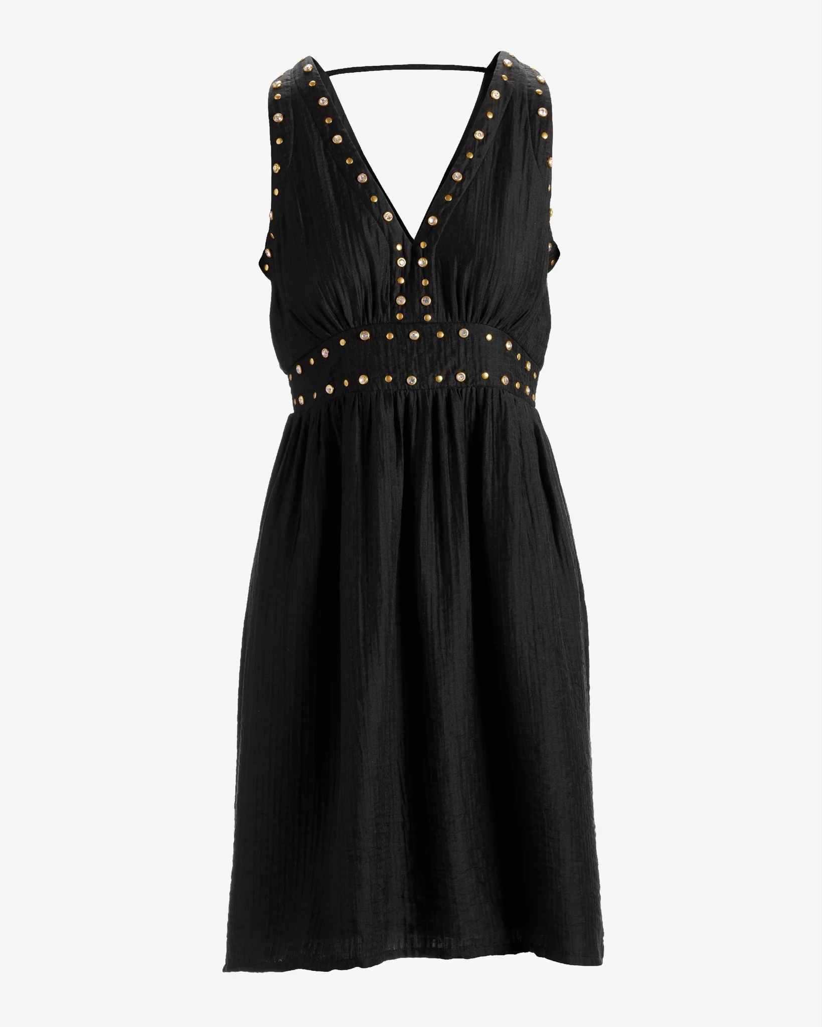Grommet and Crystal Detail V Neck Fit And Flare Dress Black