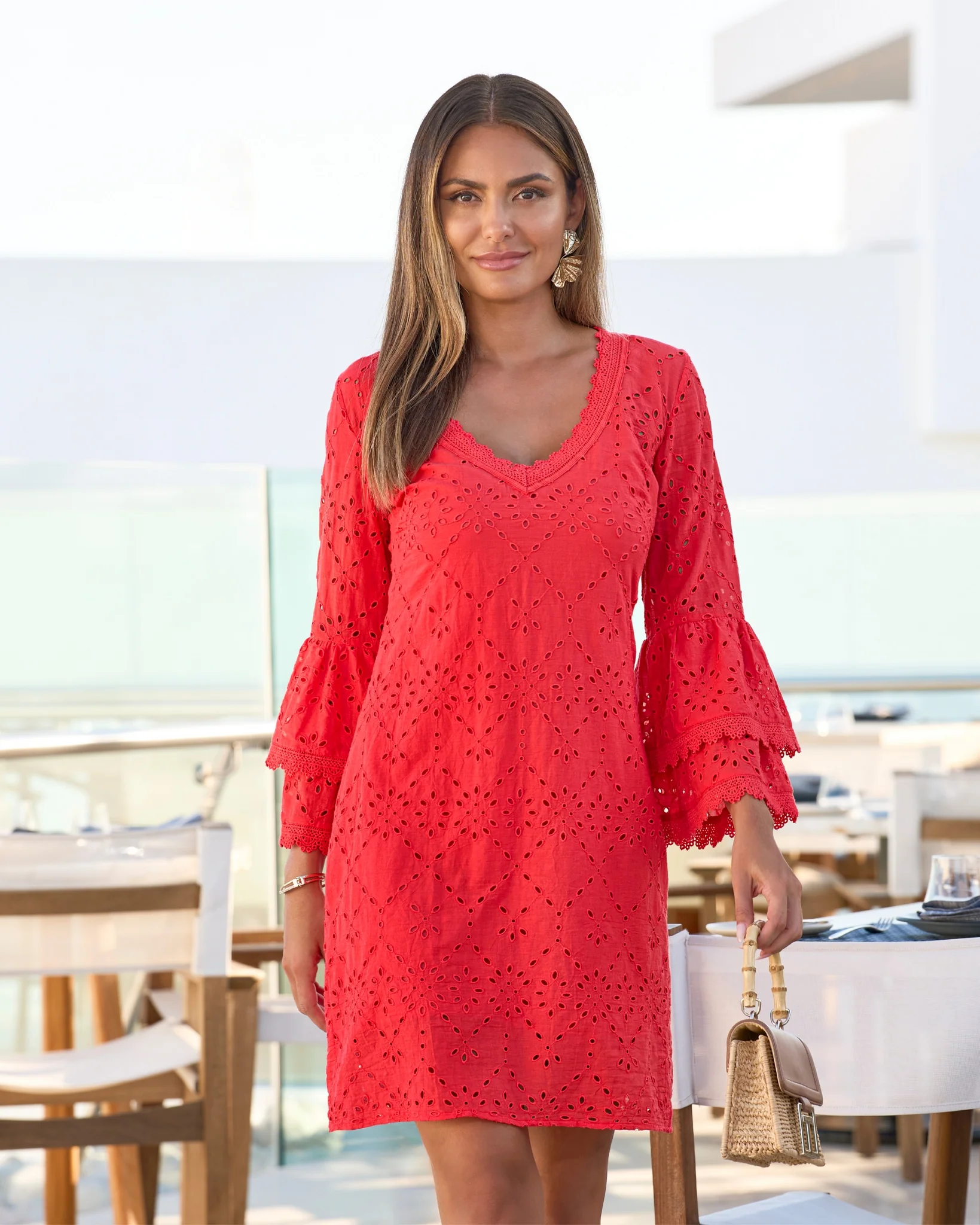 Lace Trim Tiered Sleeve Eyelet Shift Dress Hibiscus