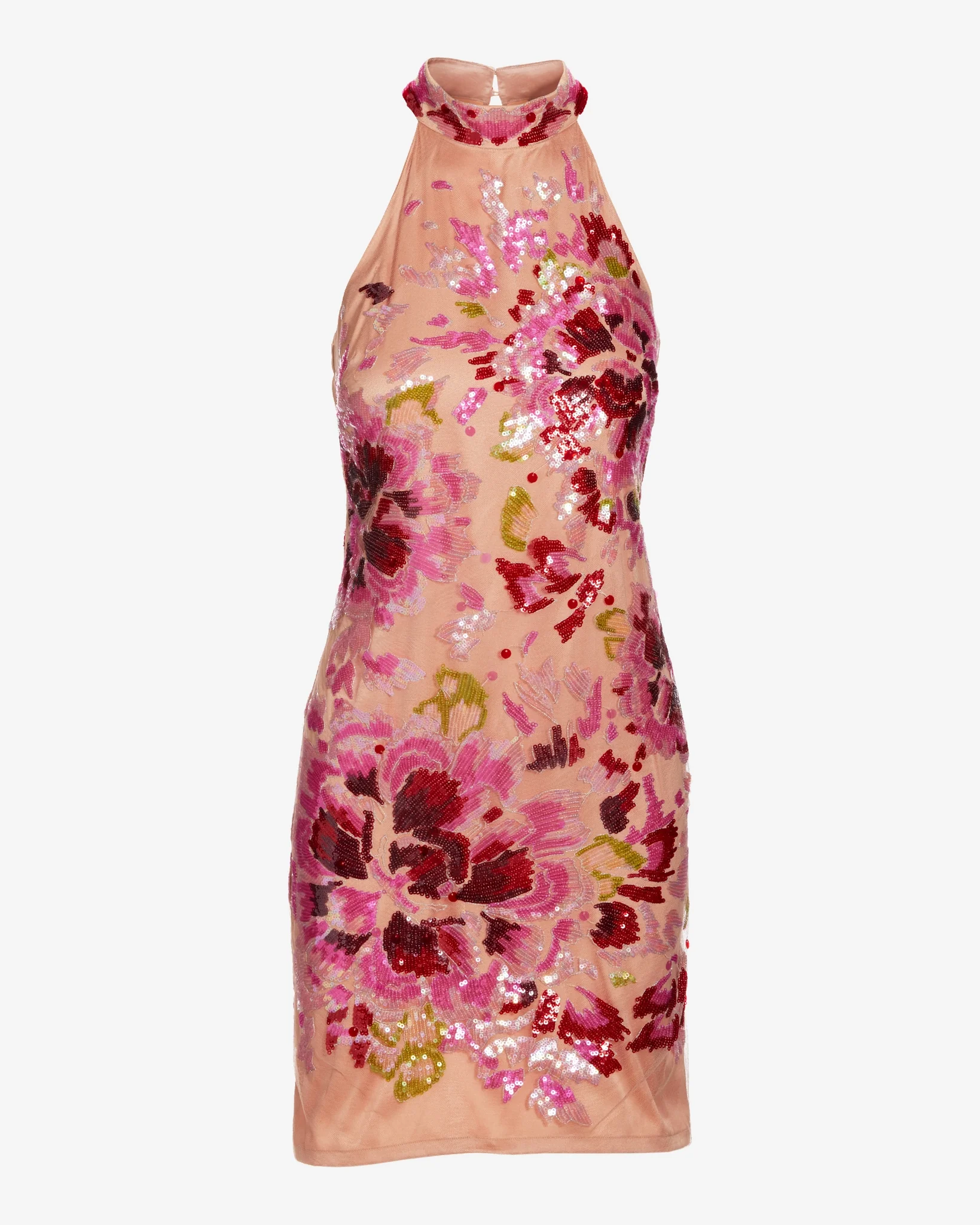 Placed Floral Sequin Mesh High Neck Sheath Dress Pink Multi