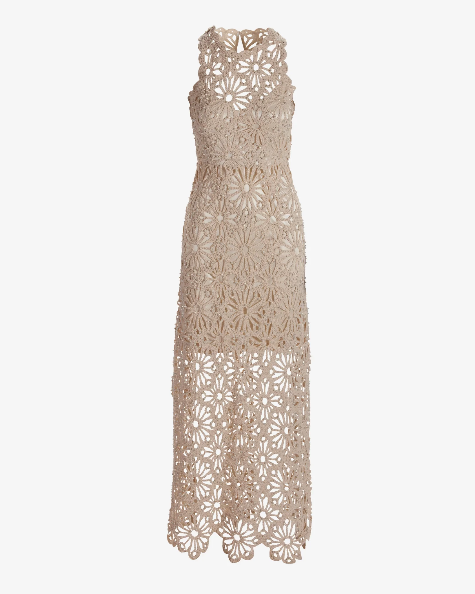 Pearl Embellished Crochet Maxi Dress Natural