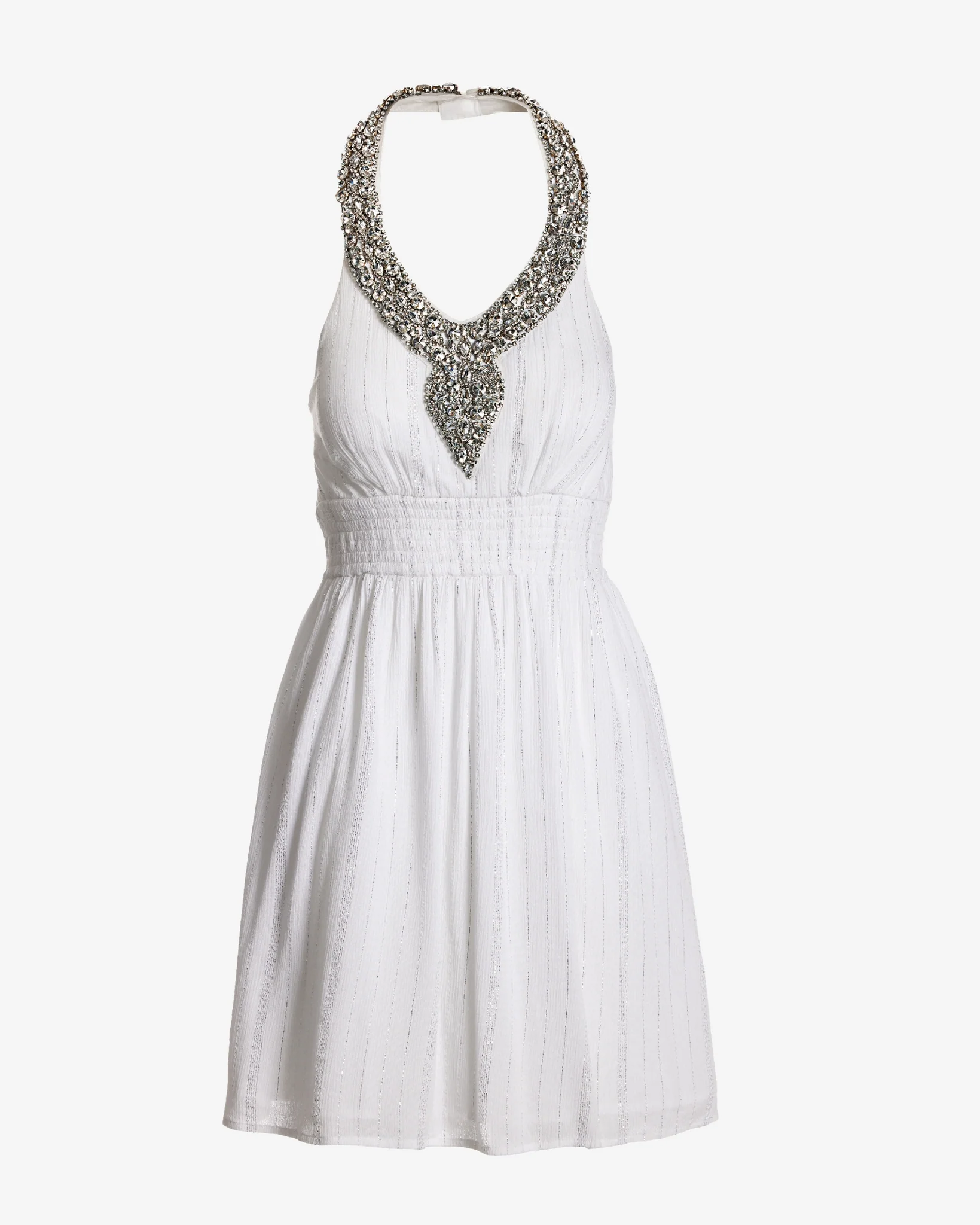 Crystal Embellished A Line Shimmer Gauze Dress White Silver
