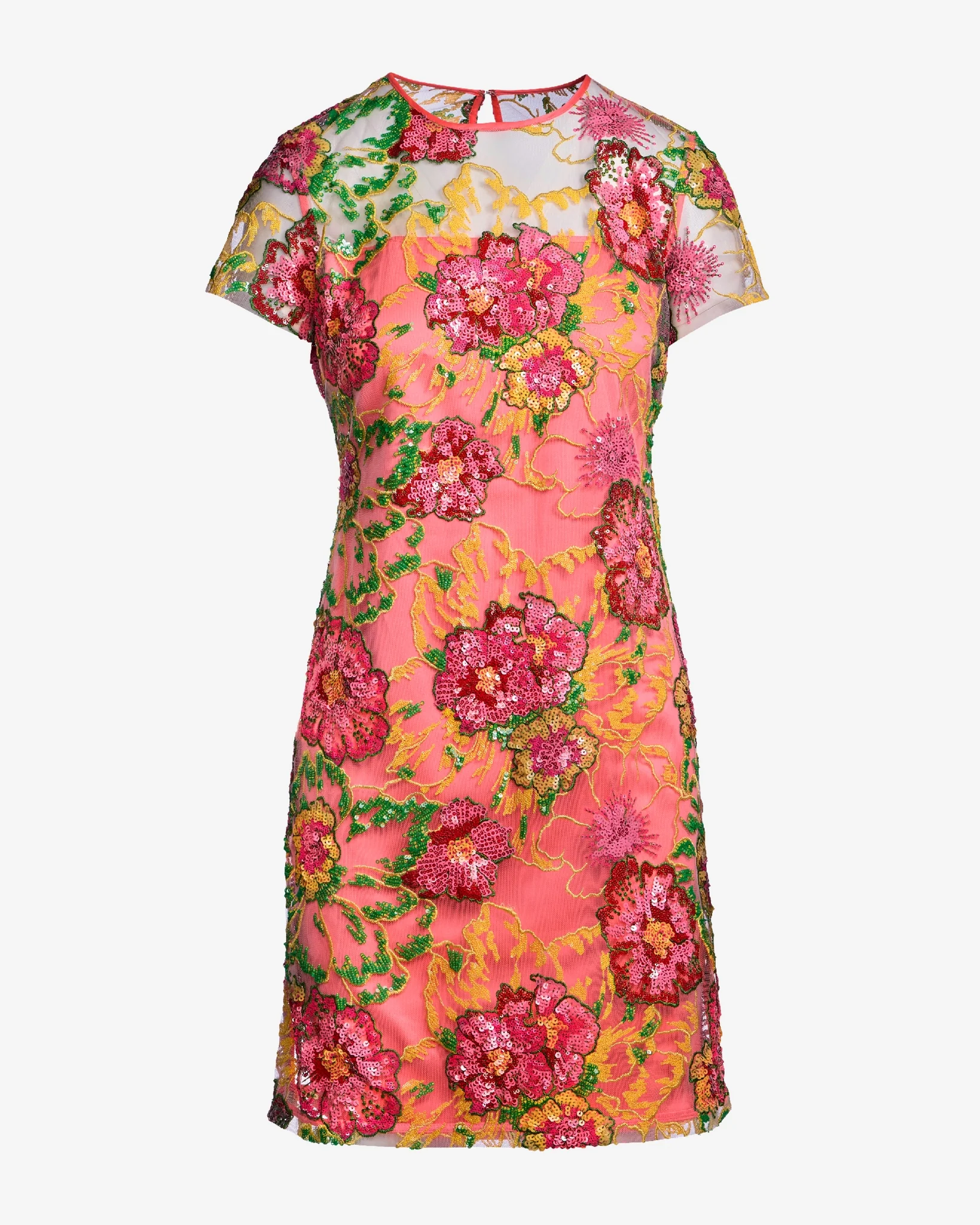 Sequin Embroidered Mesh Short Sleeve Dress Pink Multi