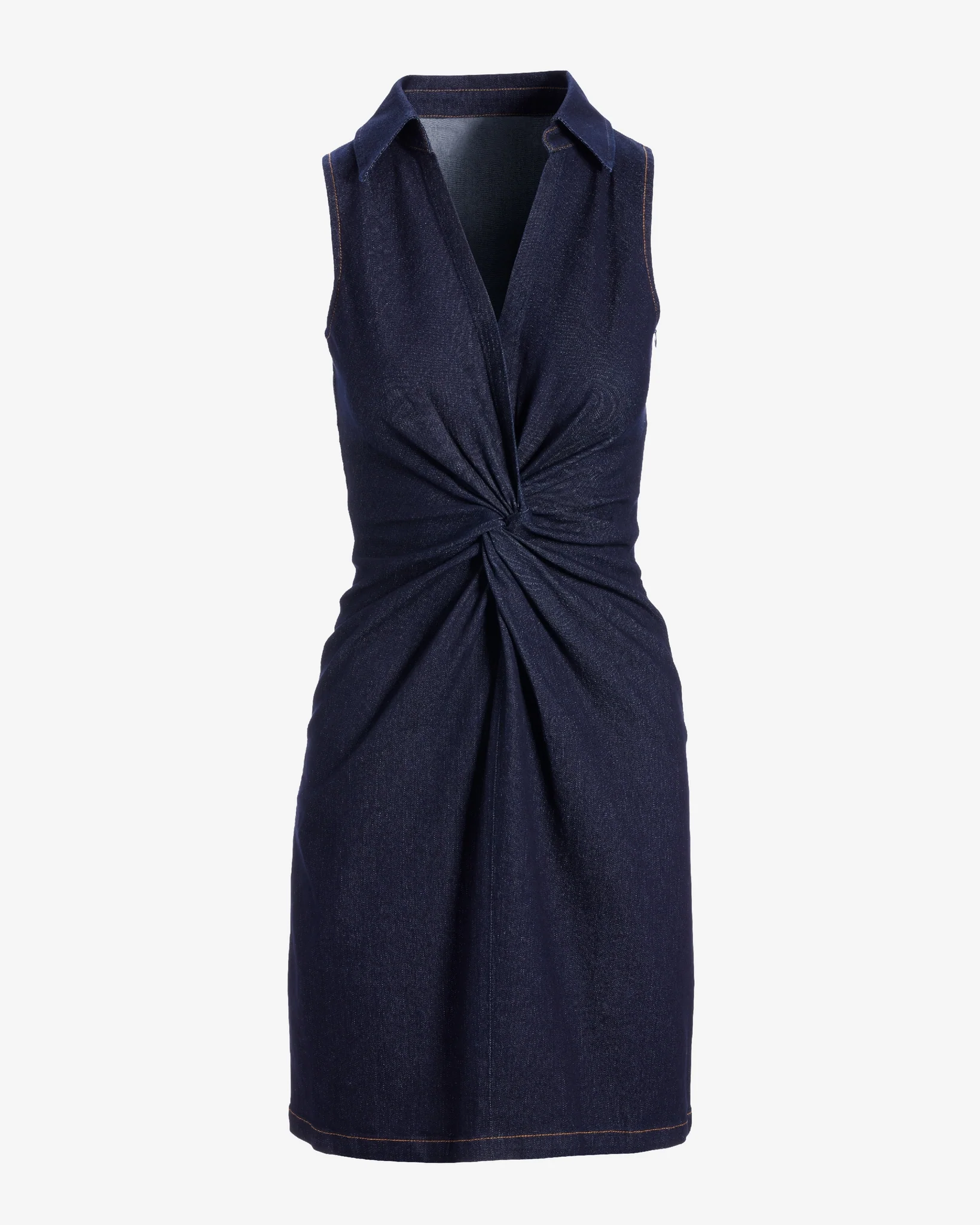 Stretch Denim Knot Waist Collared Shift Dress Rinse